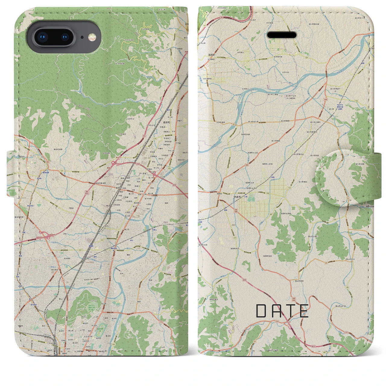 【伊達(福島県)】地図柄iPhoneケース(手帳タイプ)ナチュラル・iPhone 8Plus /7Plus / 6sPlus / 6Plus 用