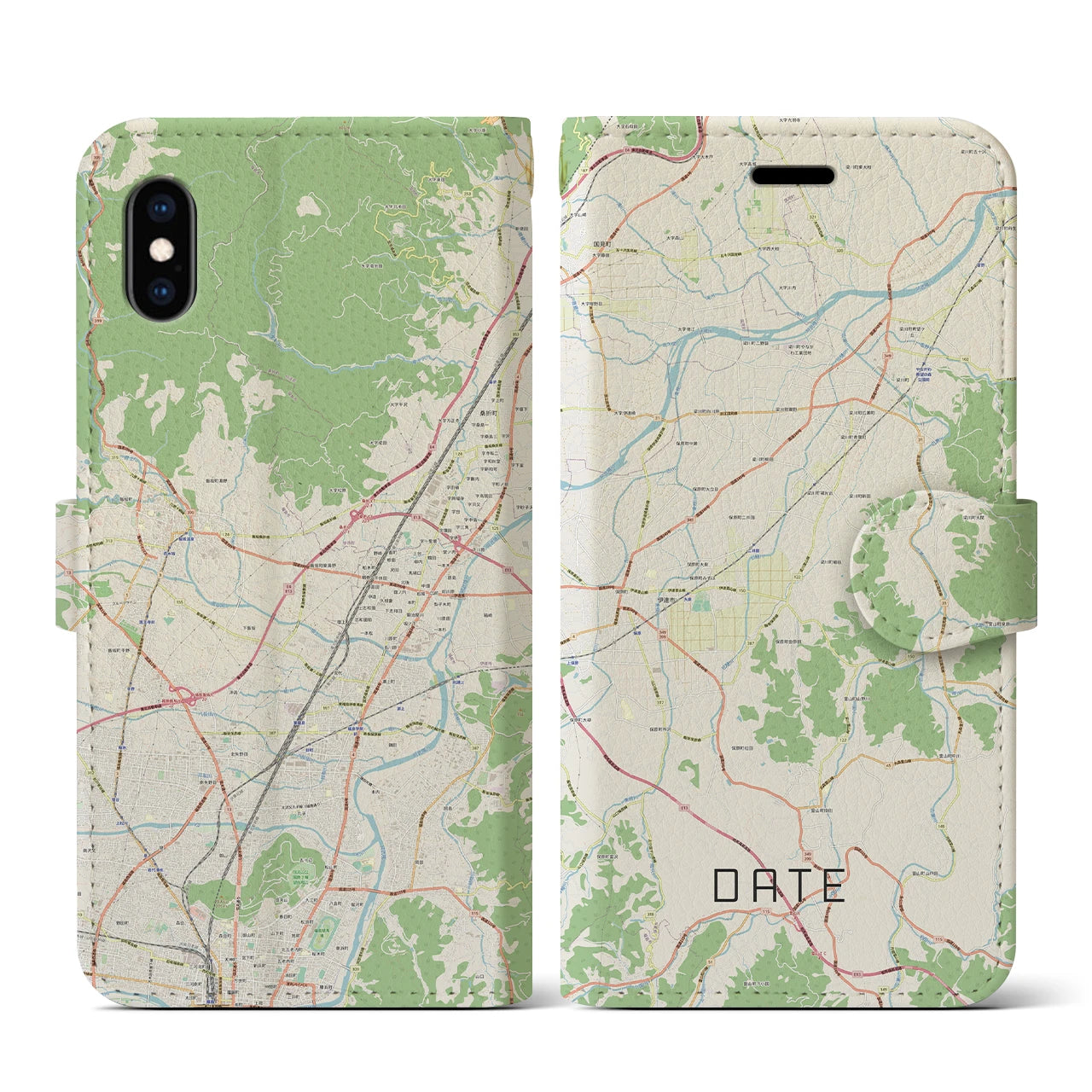 【伊達(福島県)】地図柄iPhoneケース(手帳タイプ)ナチュラル・iPhone XS / X 用
