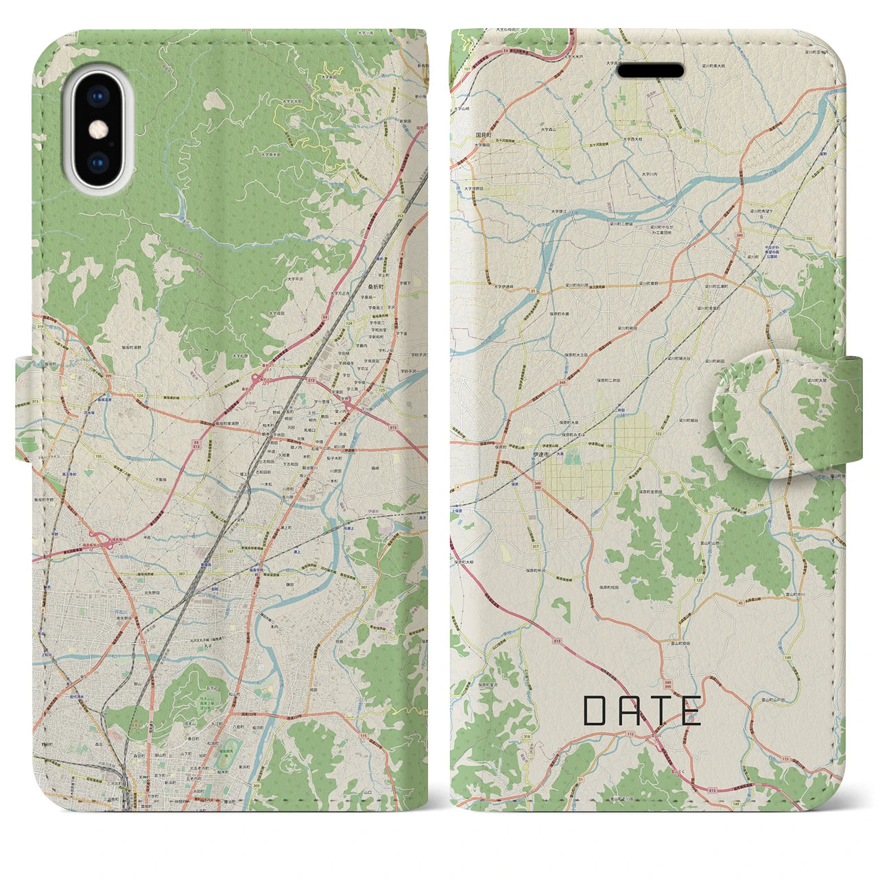 【伊達(福島県)】地図柄iPhoneケース(手帳タイプ)ナチュラル・iPhone XS Max 用