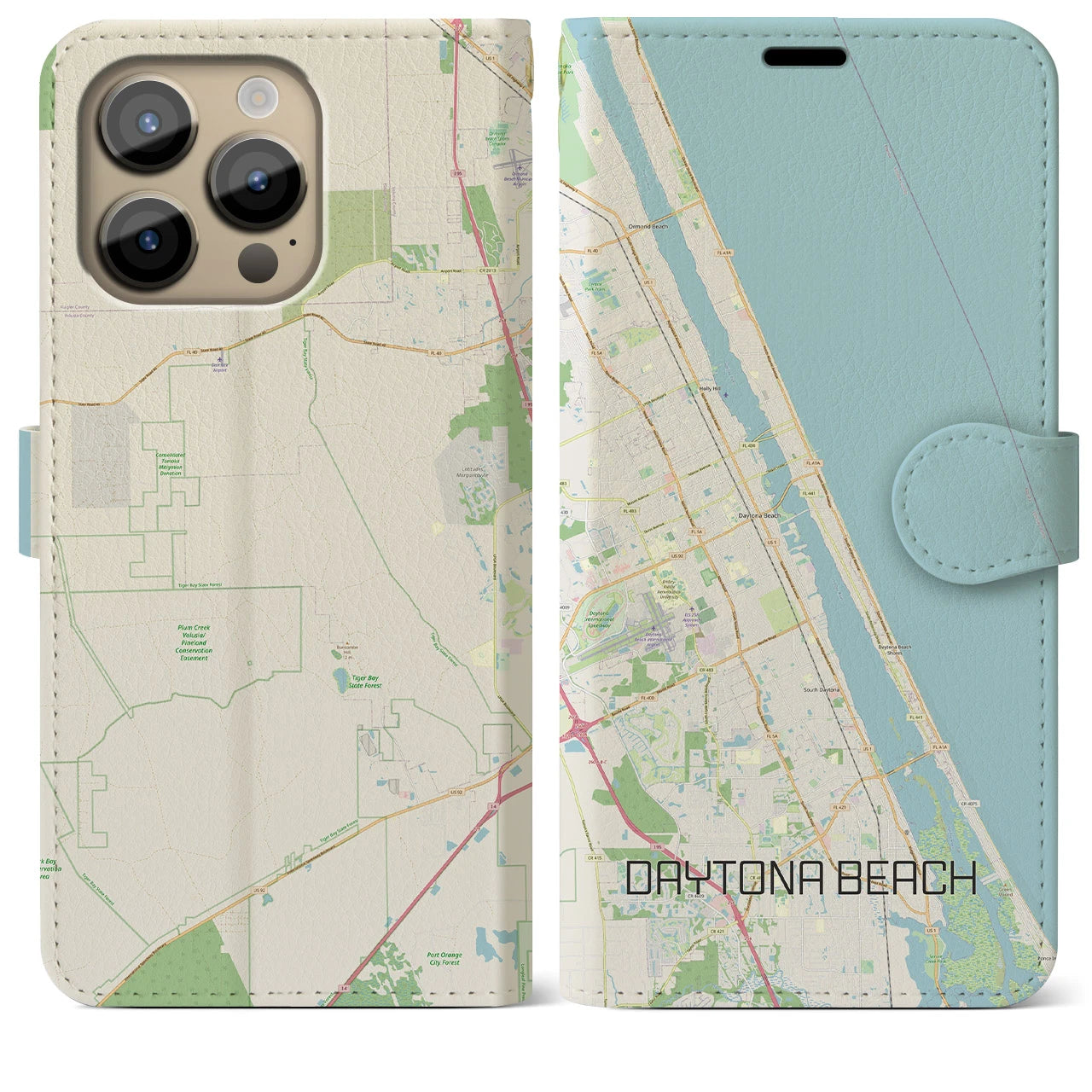 【デイトナビーチ(アメリカ)】地図柄iPhoneケース(手帳タイプ)ナチュラル・iPhone 14 Pro Max 用