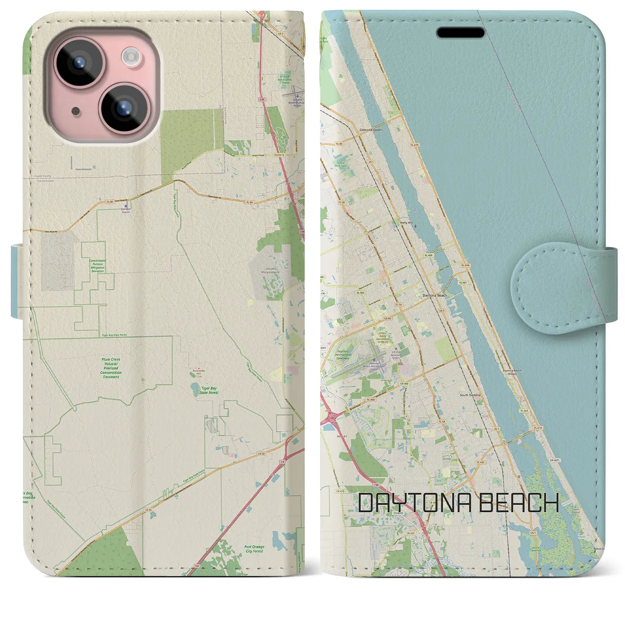 【デイトナビーチ(アメリカ)】地図柄iPhoneケース(手帳タイプ)ナチュラル・iPhone 15 Plus 用