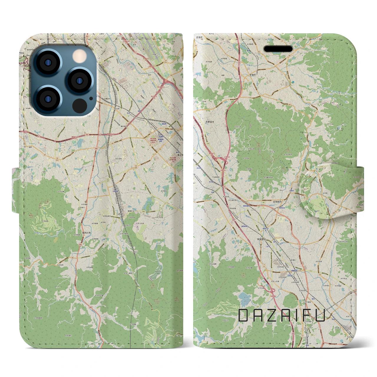 【太宰府(福岡県)】地図柄iPhoneケース(手帳タイプ)ナチュラル・iPhone 12 / 12 Pro 用