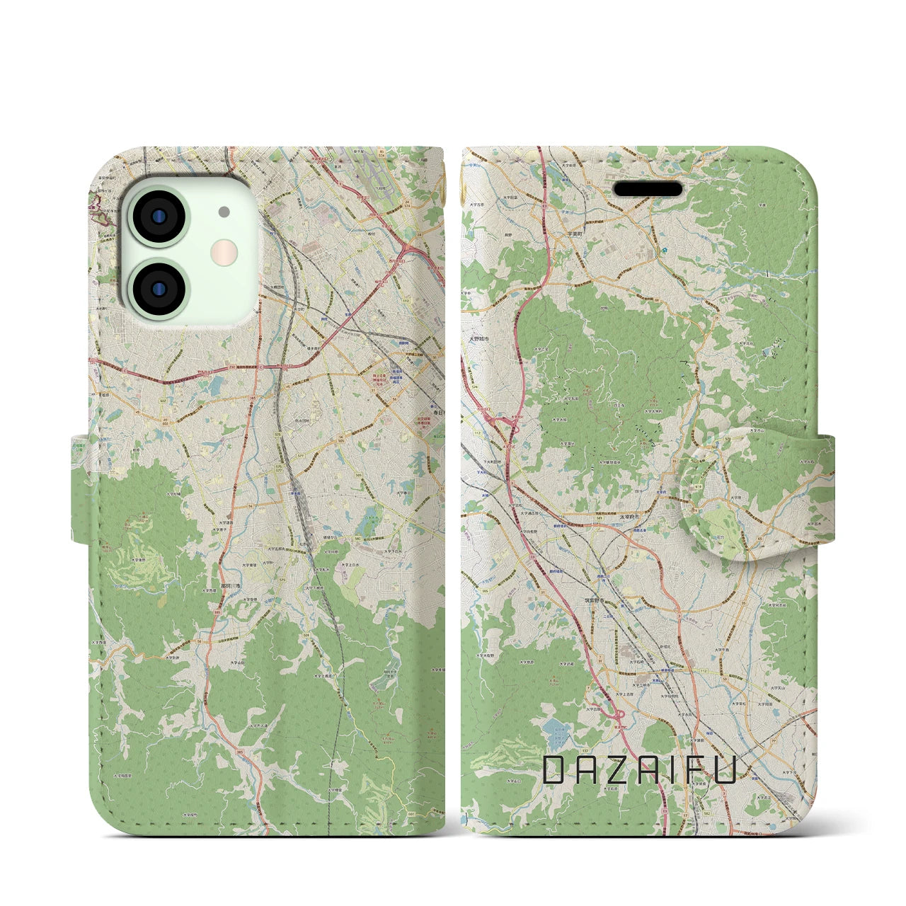 【太宰府(福岡県)】地図柄iPhoneケース(手帳タイプ)ナチュラル・iPhone 12 mini 用