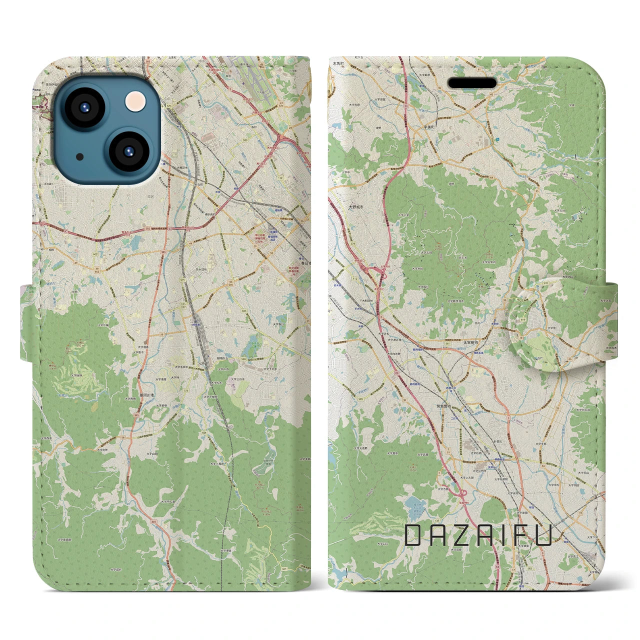 【太宰府(福岡県)】地図柄iPhoneケース(手帳タイプ)ナチュラル・iPhone 13 用