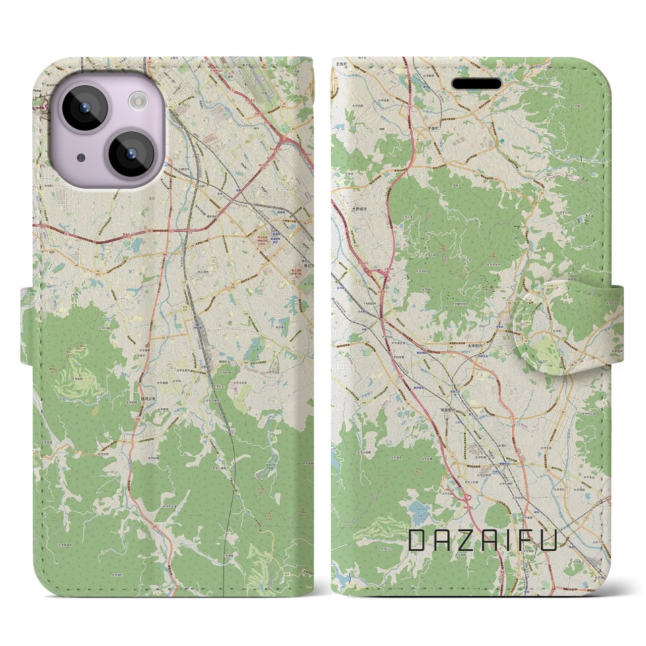 【太宰府(福岡県)】地図柄iPhoneケース(手帳タイプ)ナチュラル・iPhone 14 用