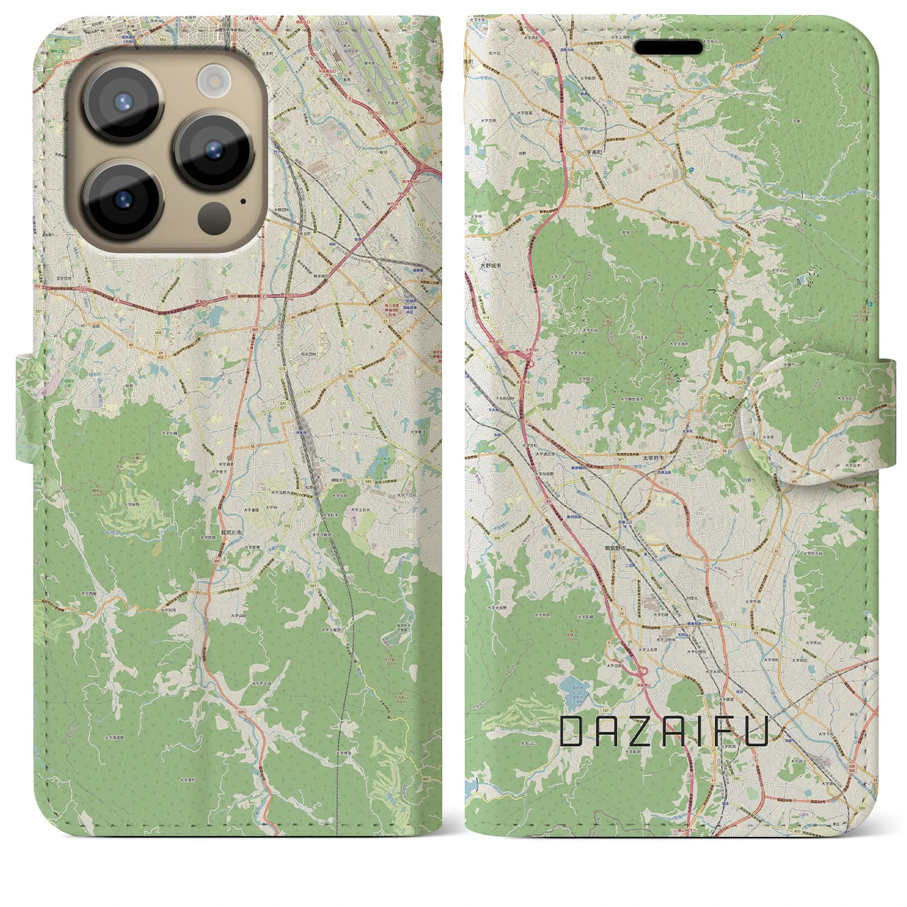 【太宰府(福岡県)】地図柄iPhoneケース(手帳タイプ)ナチュラル・iPhone 14 Pro Max 用