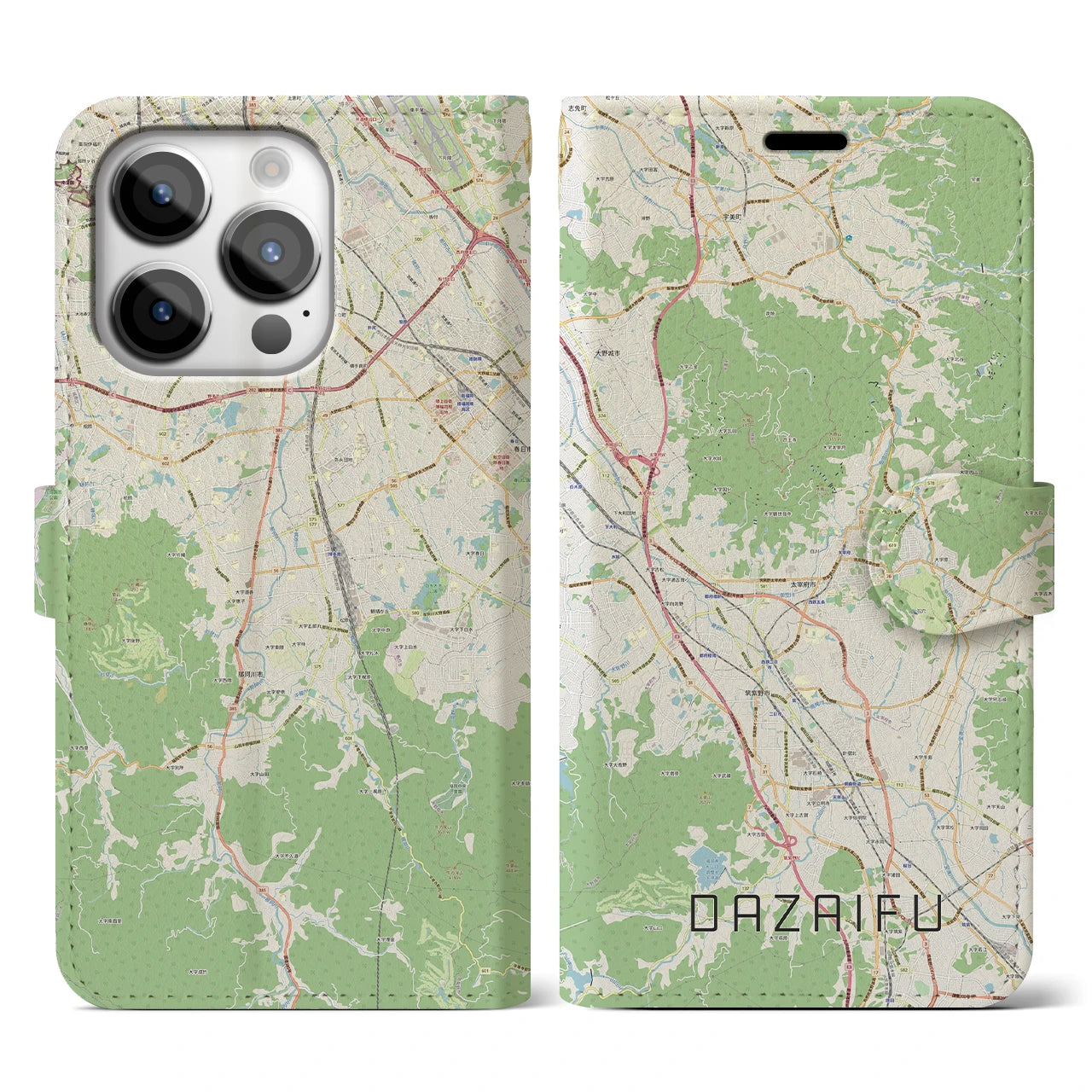 【太宰府(福岡県)】地図柄iPhoneケース(手帳タイプ)ナチュラル・iPhone 14 Pro 用