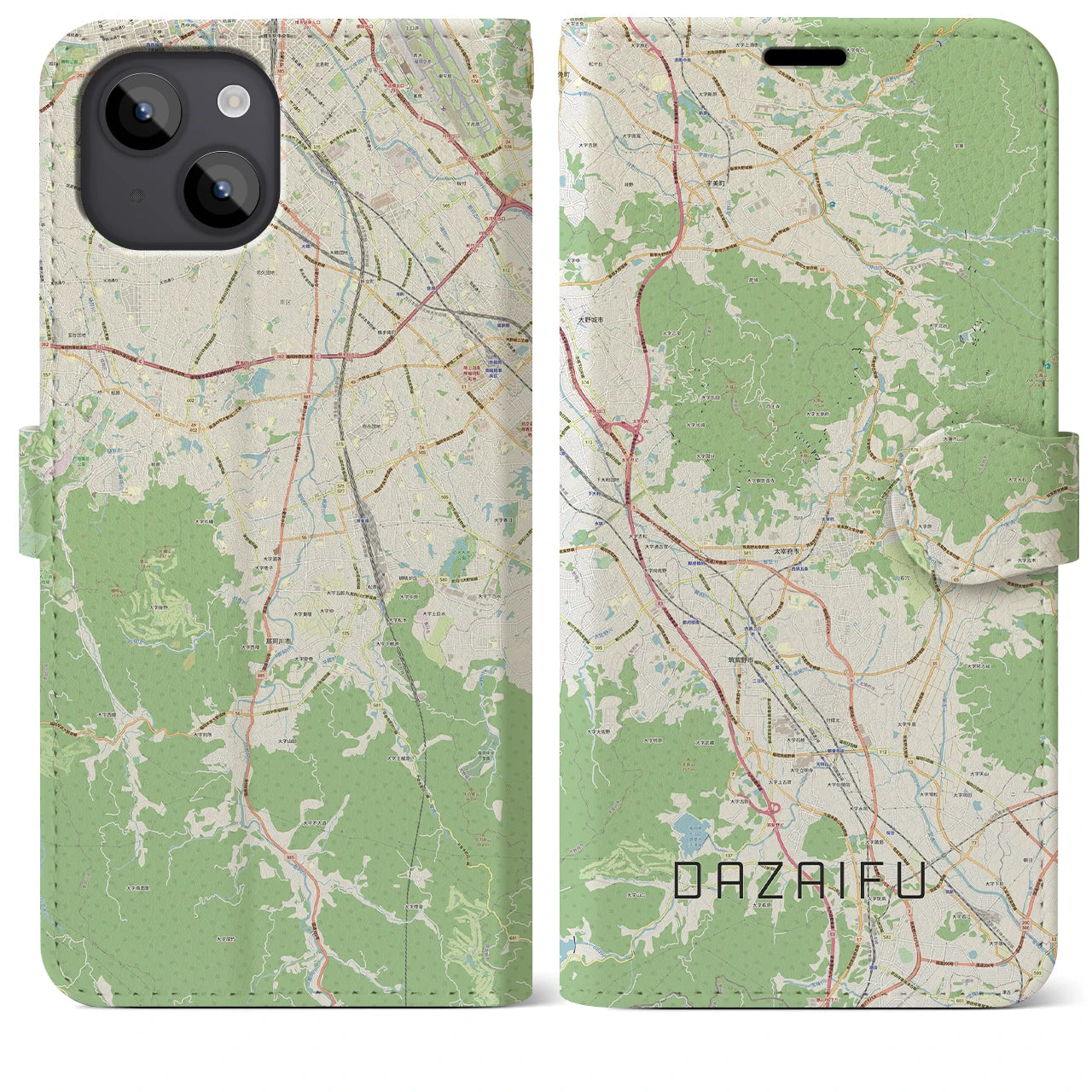 【太宰府(福岡県)】地図柄iPhoneケース(手帳タイプ)ナチュラル・iPhone 14 Plus 用