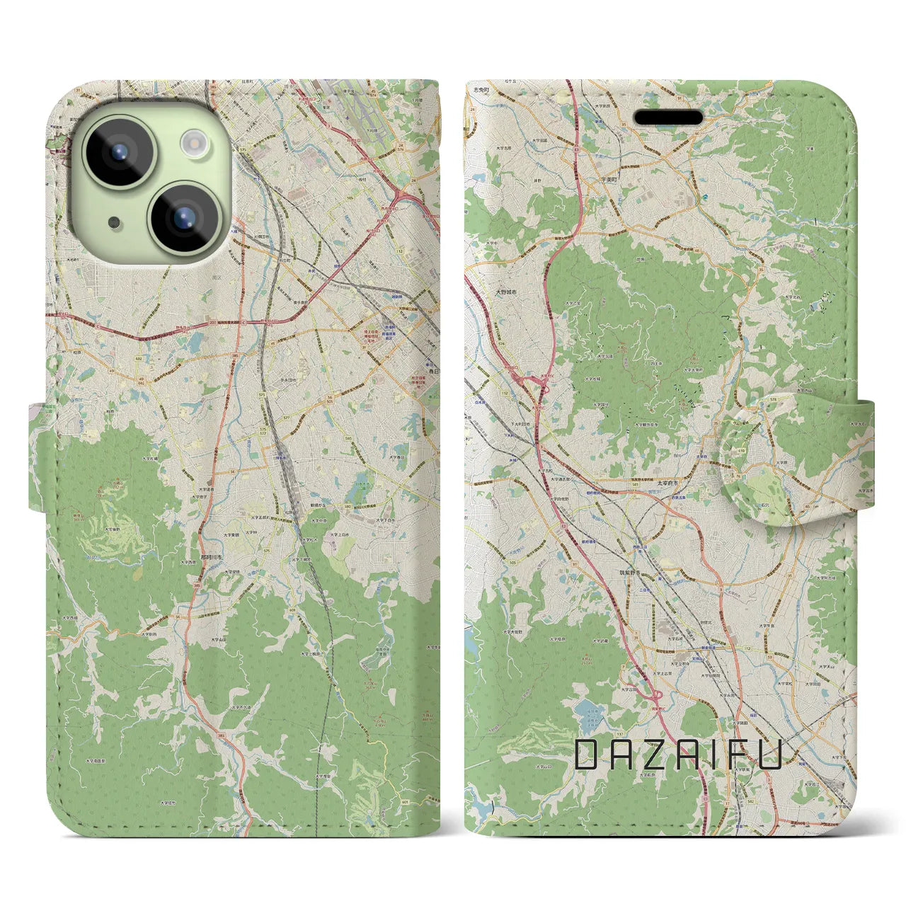 【太宰府(福岡県)】地図柄iPhoneケース(手帳タイプ)ナチュラル・iPhone 15 用