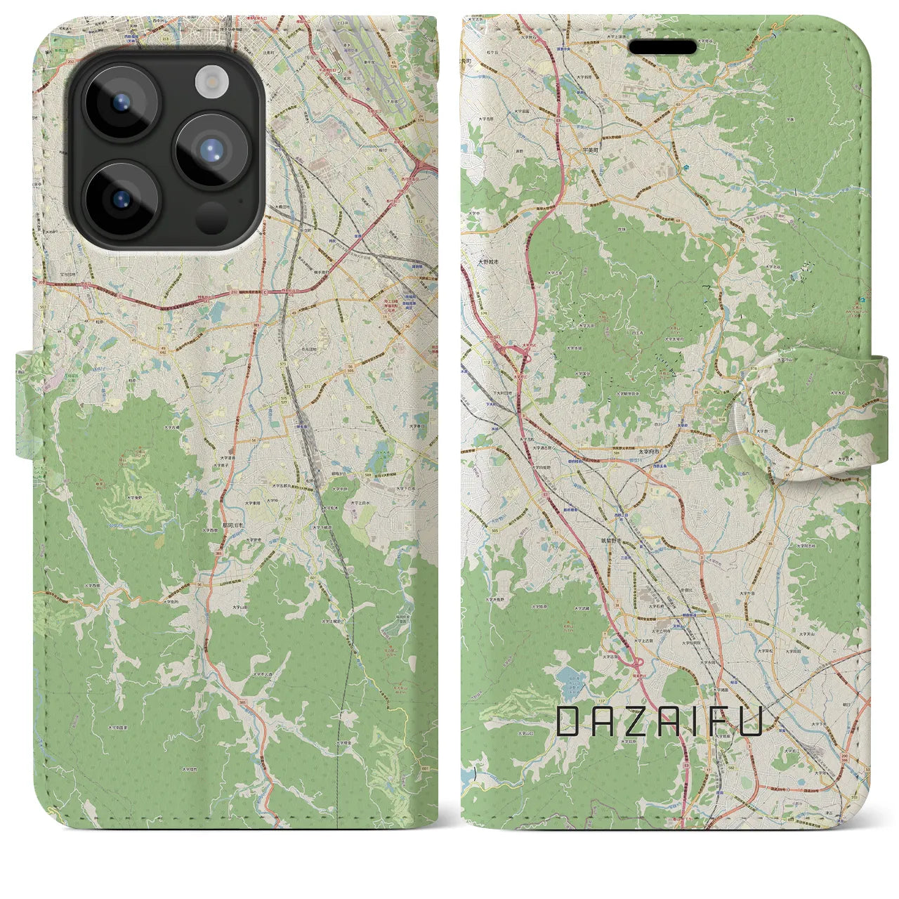 【太宰府(福岡県)】地図柄iPhoneケース(手帳タイプ)ナチュラル・iPhone 15 Pro Max 用