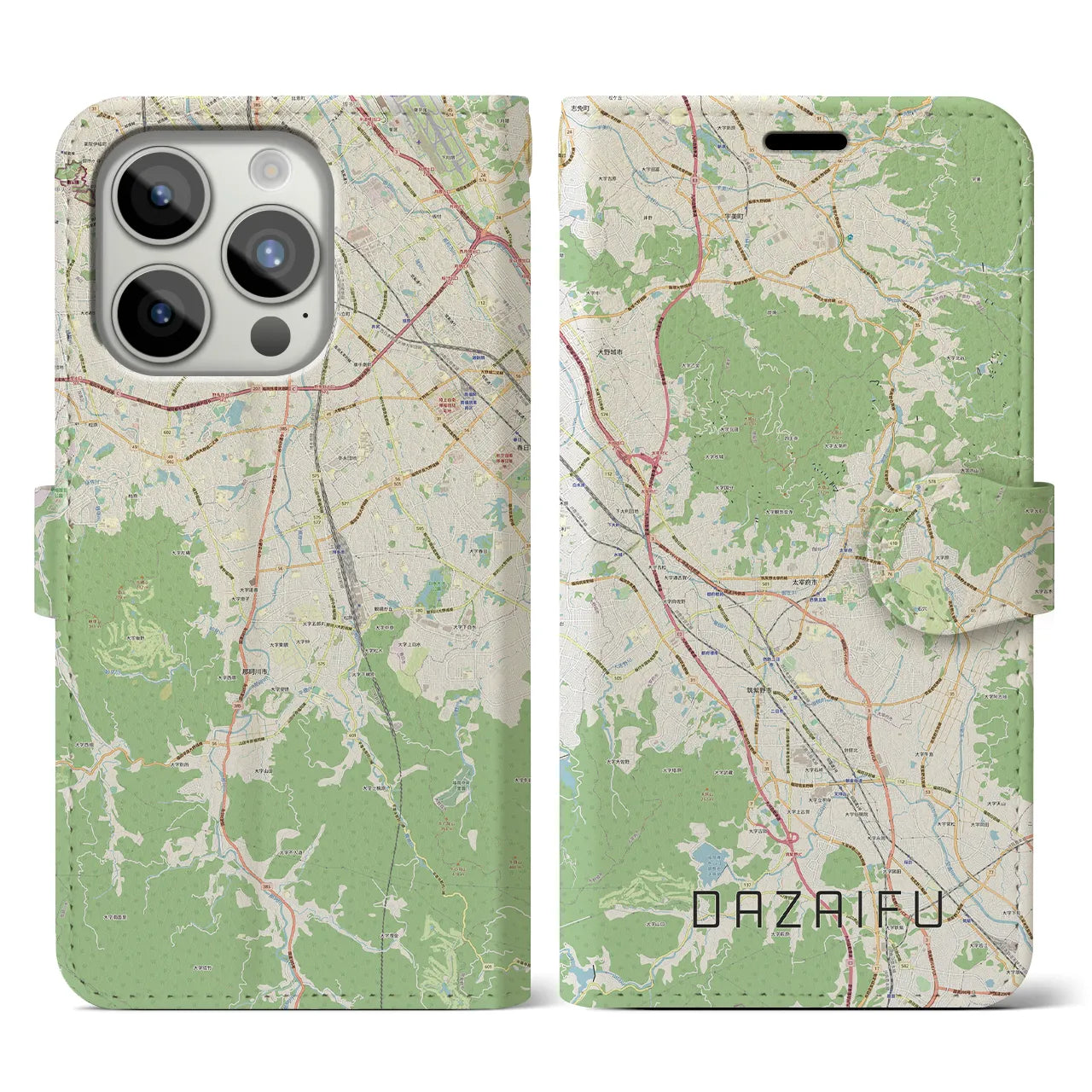 【太宰府(福岡県)】地図柄iPhoneケース(手帳タイプ)ナチュラル・iPhone 15 Pro 用
