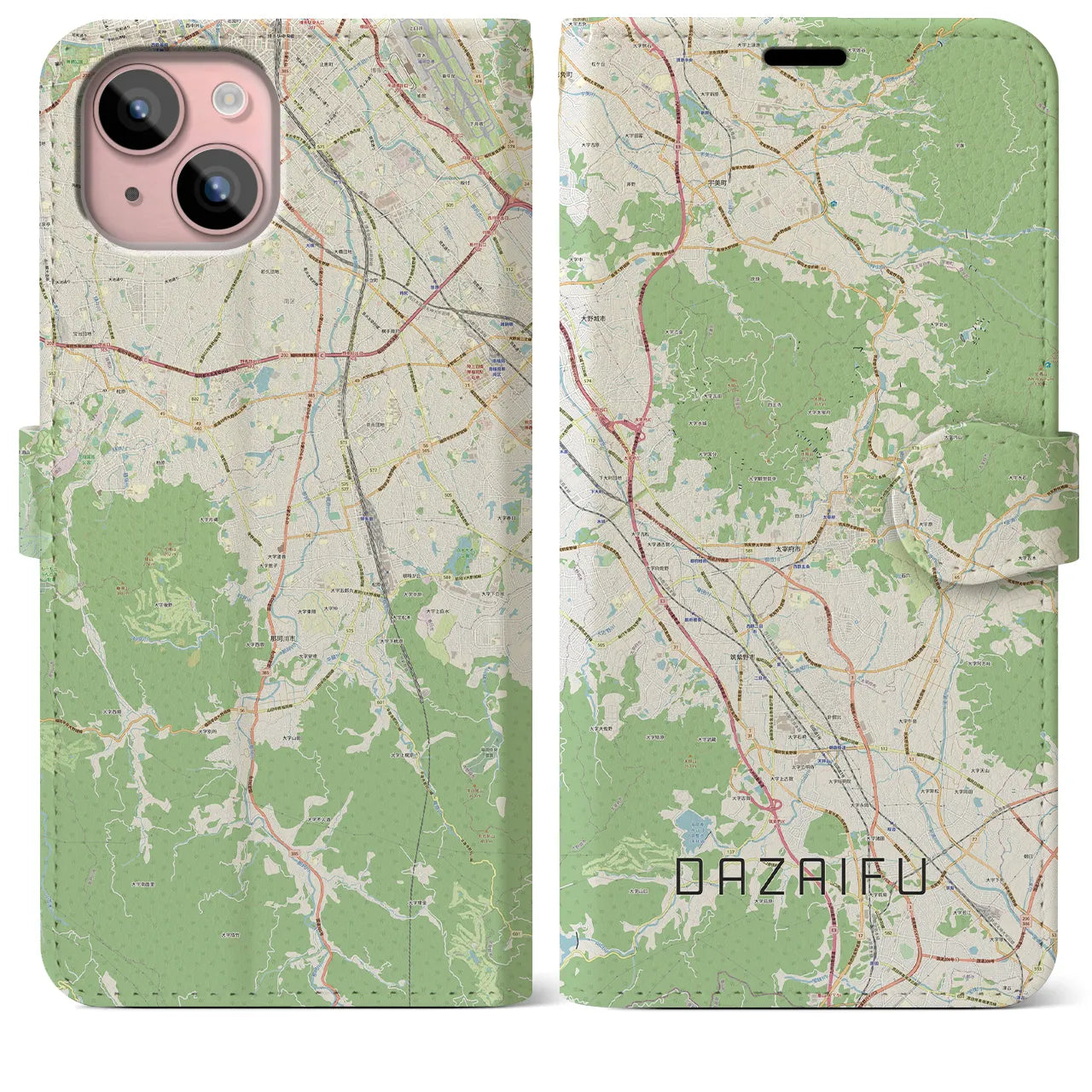 【太宰府(福岡県)】地図柄iPhoneケース(手帳タイプ)ナチュラル・iPhone 15 Plus 用