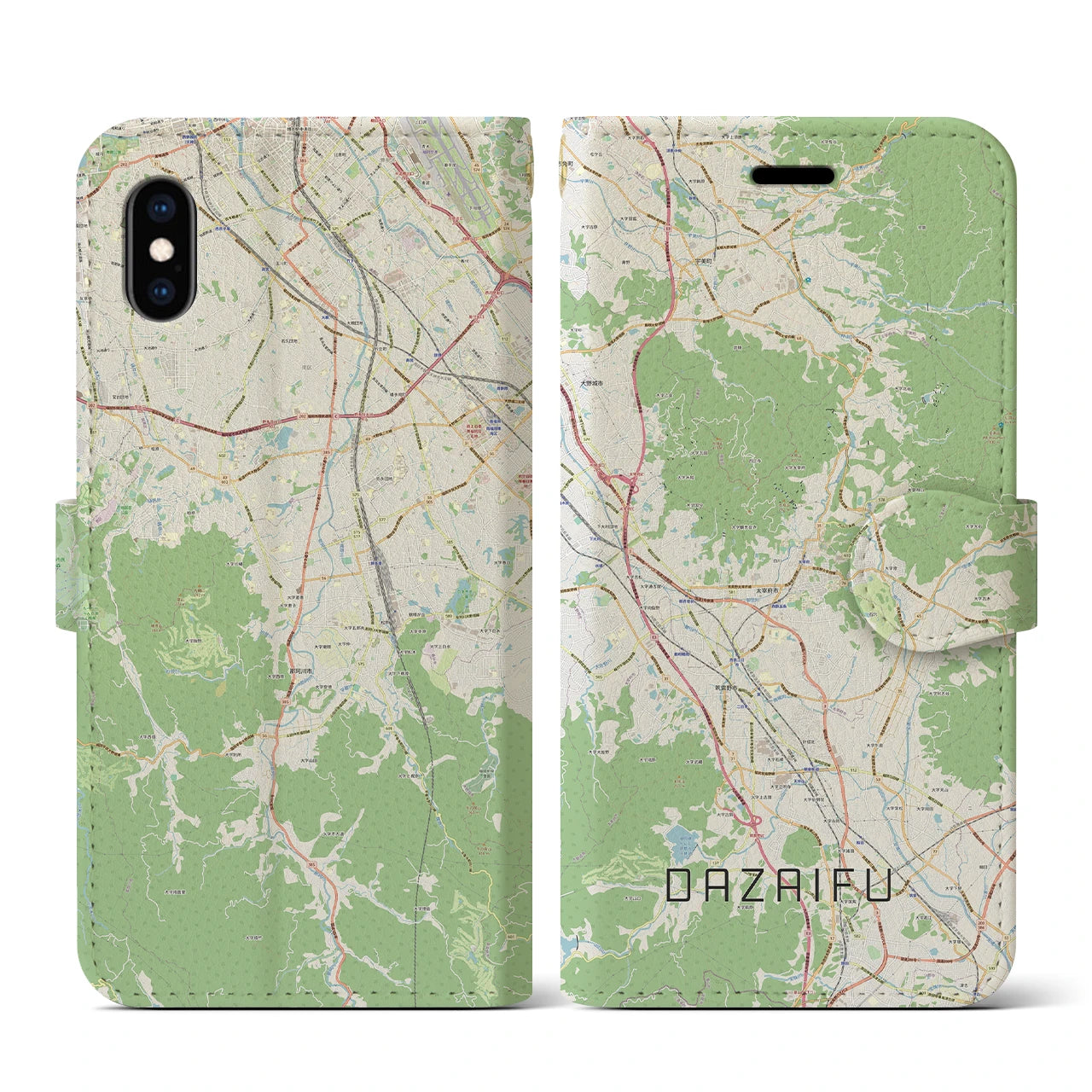 【太宰府(福岡県)】地図柄iPhoneケース(手帳タイプ)ナチュラル・iPhone XS / X 用