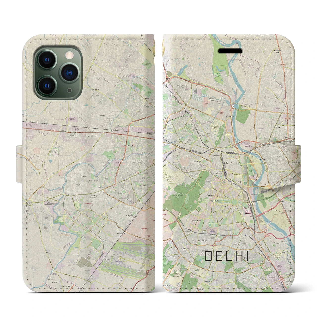 【デリー(インド)】地図柄iPhoneケース(手帳タイプ)ナチュラル・iPhone 11 Pro 用
