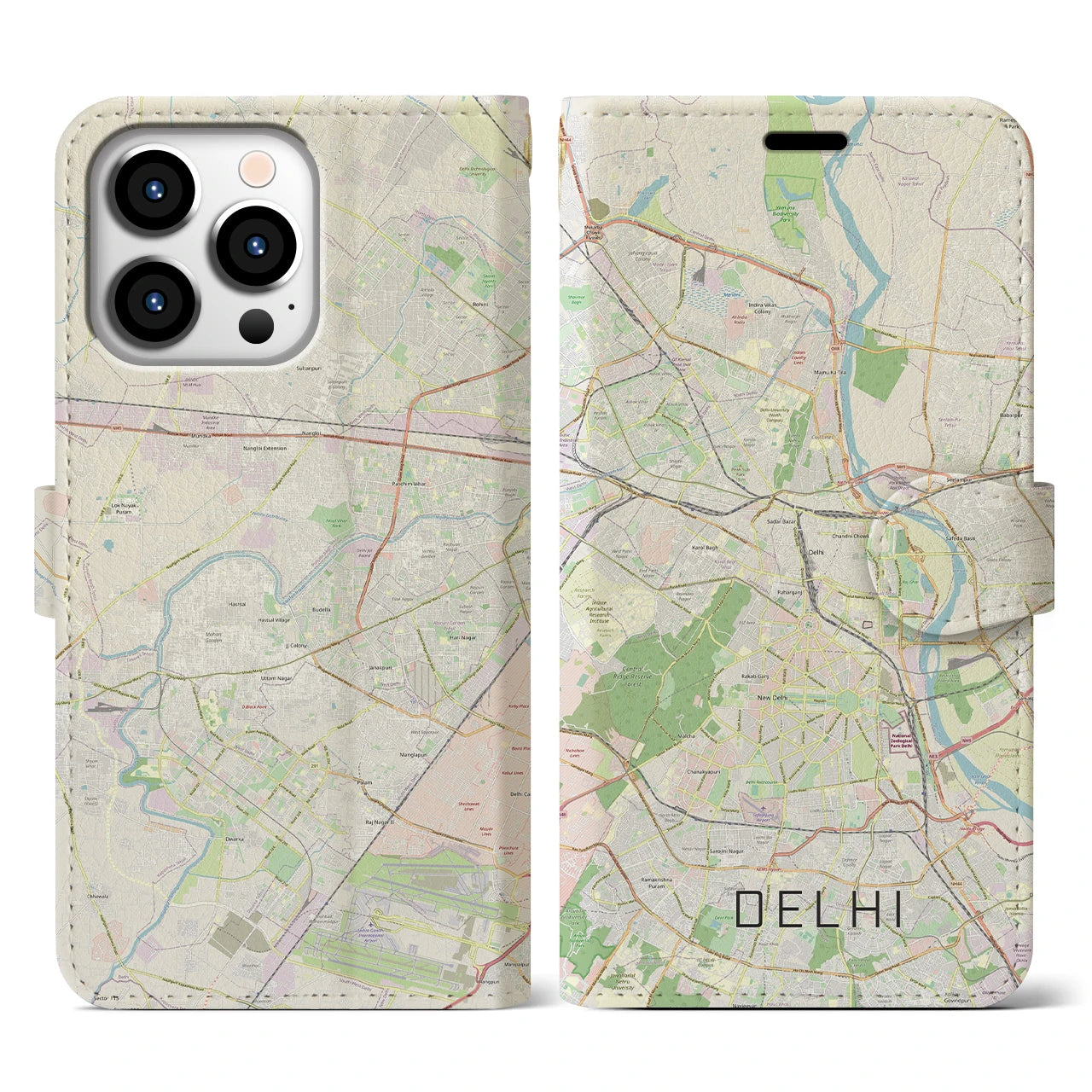 【デリー(インド)】地図柄iPhoneケース(手帳タイプ)ナチュラル・iPhone 13 Pro 用