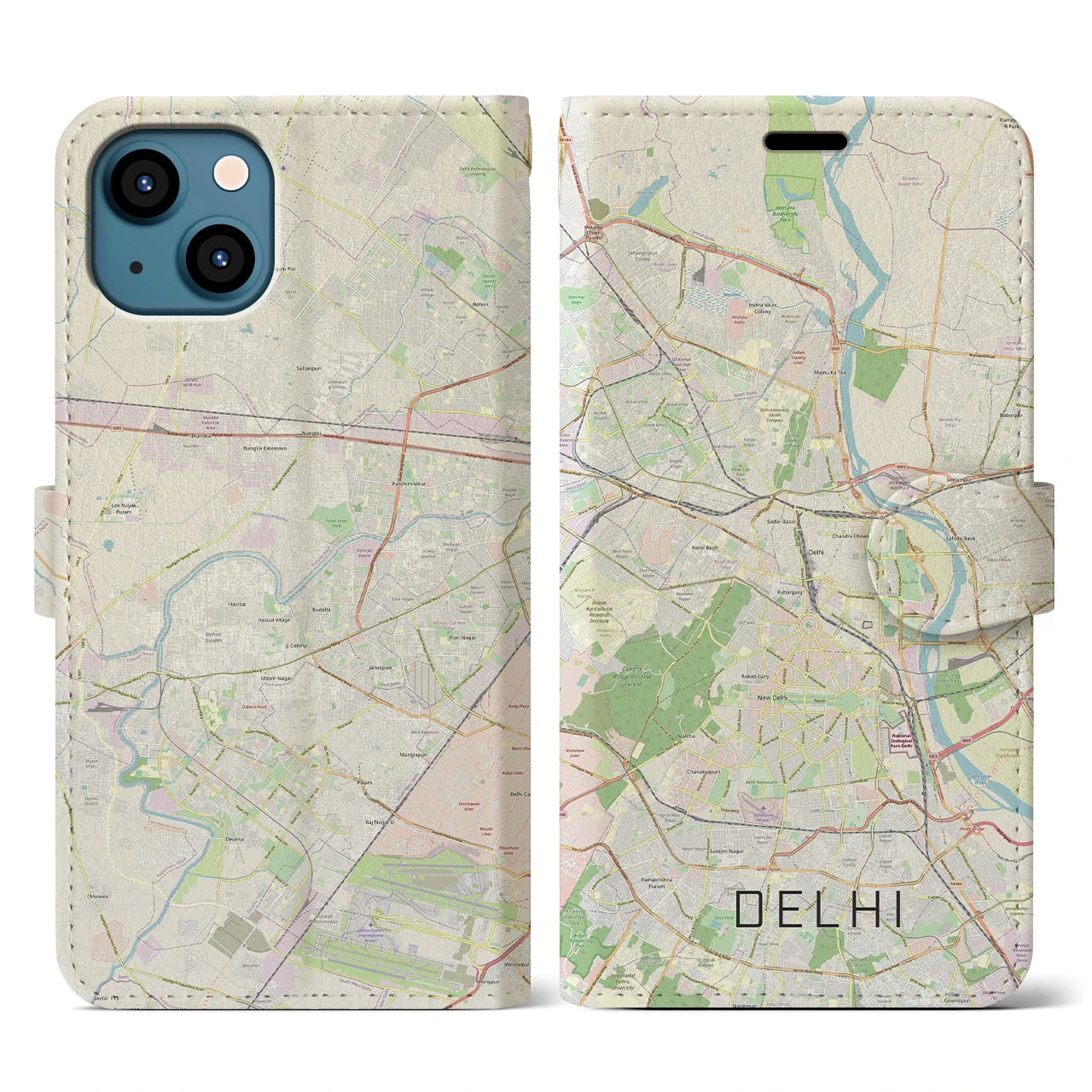 【デリー(インド)】地図柄iPhoneケース(手帳タイプ)ナチュラル・iPhone 13 用