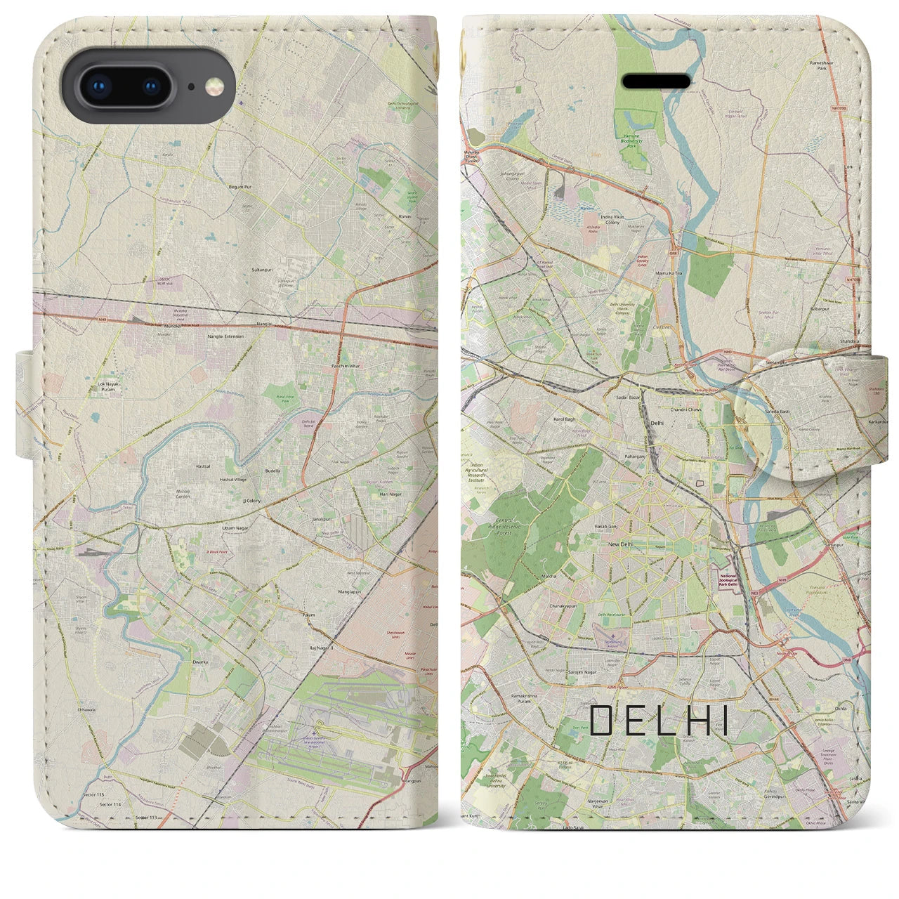 【デリー(インド)】地図柄iPhoneケース(手帳タイプ)ナチュラル・iPhone 8Plus /7Plus / 6sPlus / 6Plus 用