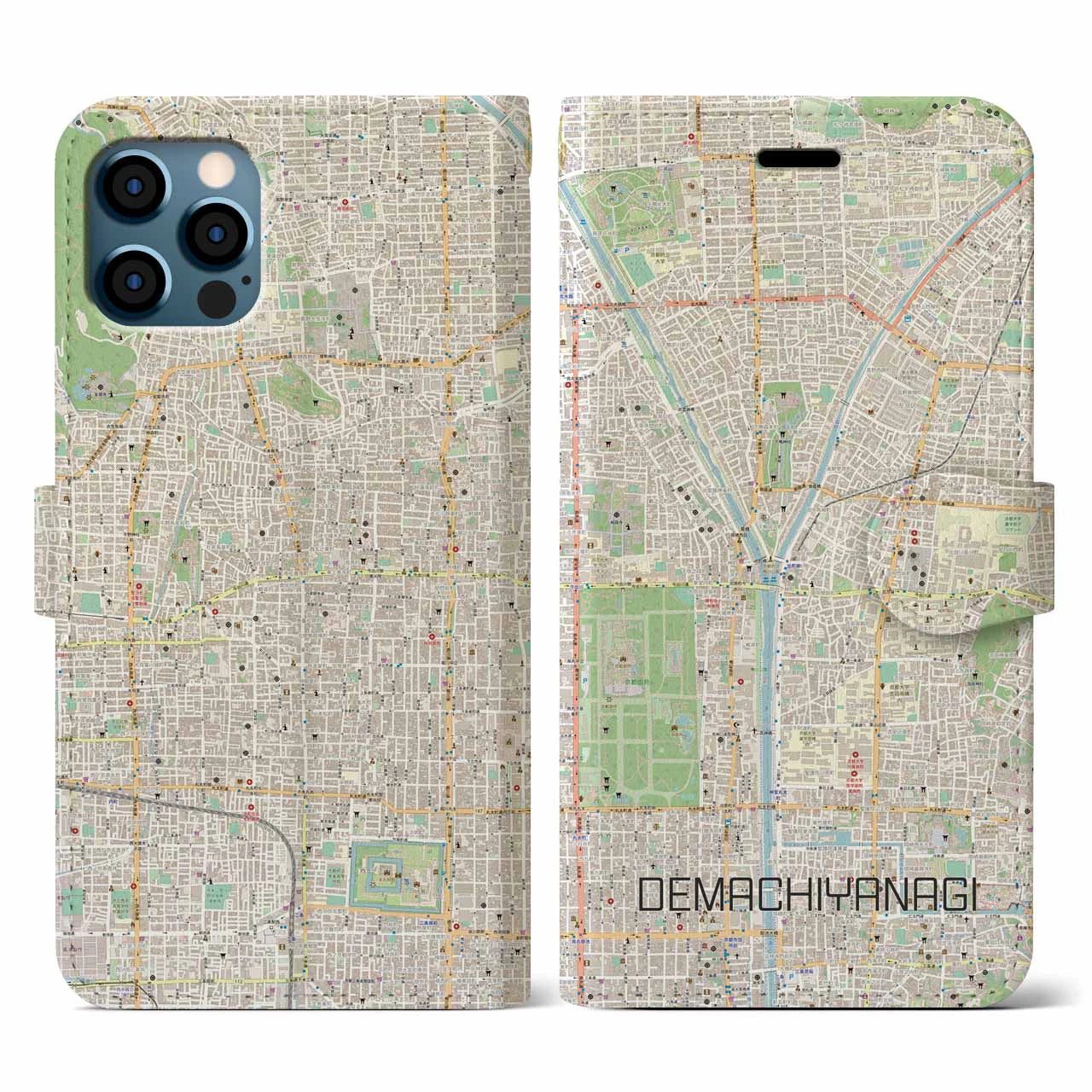 【出町柳(京都府)】地図柄iPhoneケース(手帳タイプ)ナチュラル・iPhone 12 / 12 Pro 用