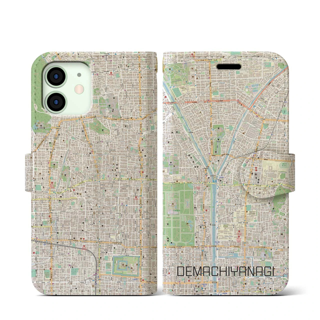 【出町柳(京都府)】地図柄iPhoneケース(手帳タイプ)ナチュラル・iPhone 12 mini 用