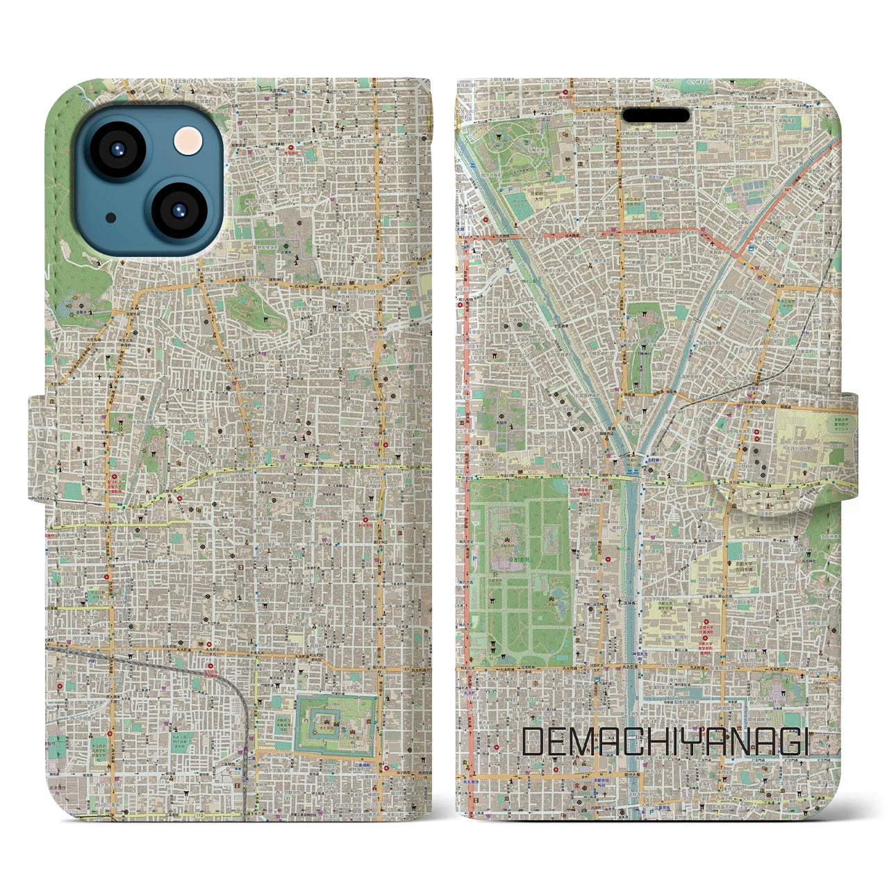【出町柳(京都府)】地図柄iPhoneケース(手帳タイプ)ナチュラル・iPhone 13 用