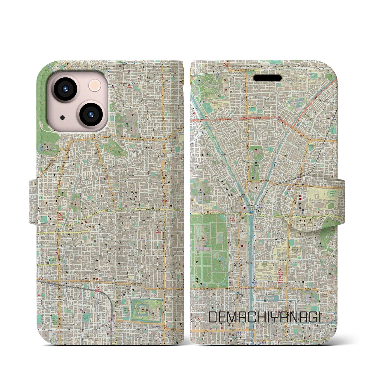 【出町柳(京都府)】地図柄iPhoneケース(手帳タイプ)ナチュラル・iPhone 13 mini 用