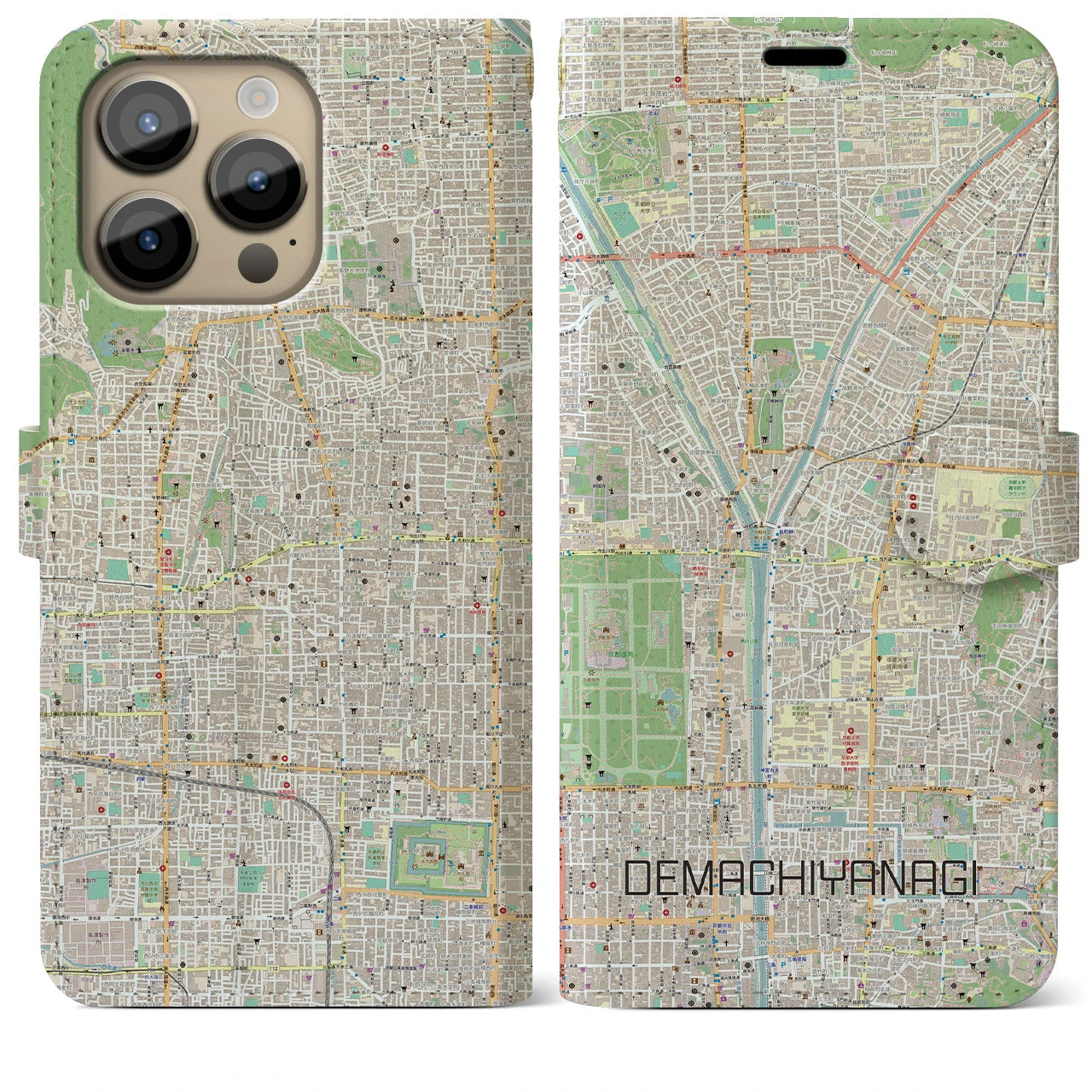 【出町柳(京都府)】地図柄iPhoneケース(手帳タイプ)ナチュラル・iPhone 14 Pro Max 用