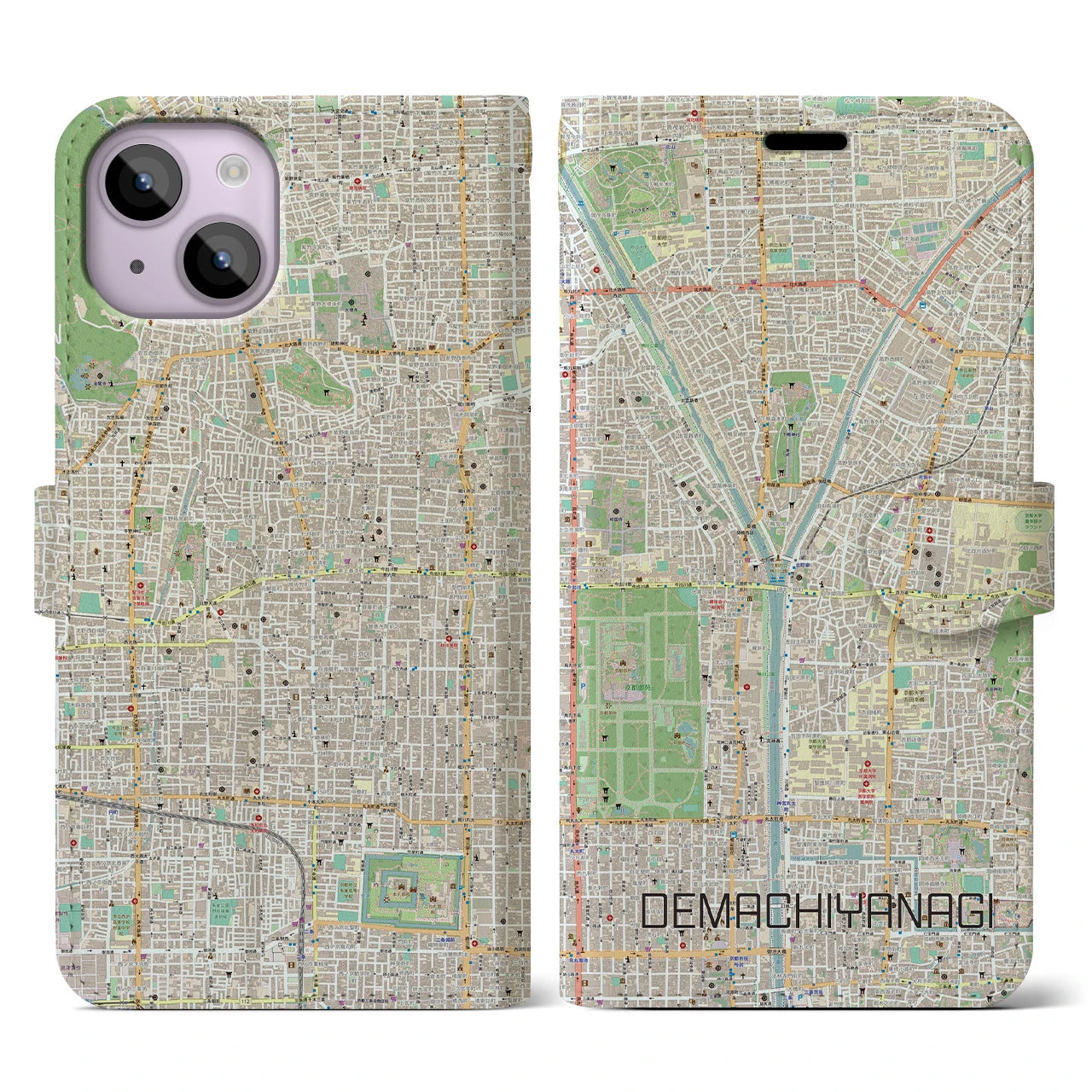 【出町柳(京都府)】地図柄iPhoneケース(手帳タイプ)ナチュラル・iPhone 14 用