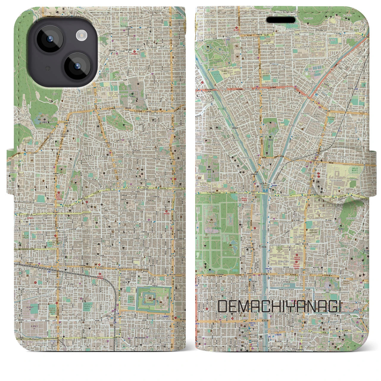 【出町柳(京都府)】地図柄iPhoneケース(手帳タイプ)ナチュラル・iPhone 14 Plus 用
