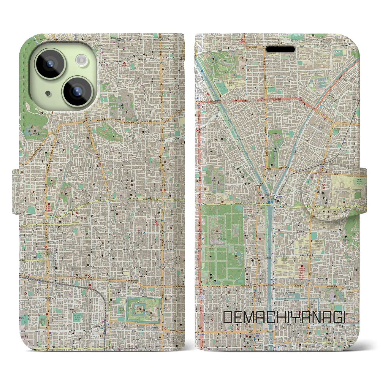 【出町柳(京都府)】地図柄iPhoneケース(手帳タイプ)ナチュラル・iPhone 15 用