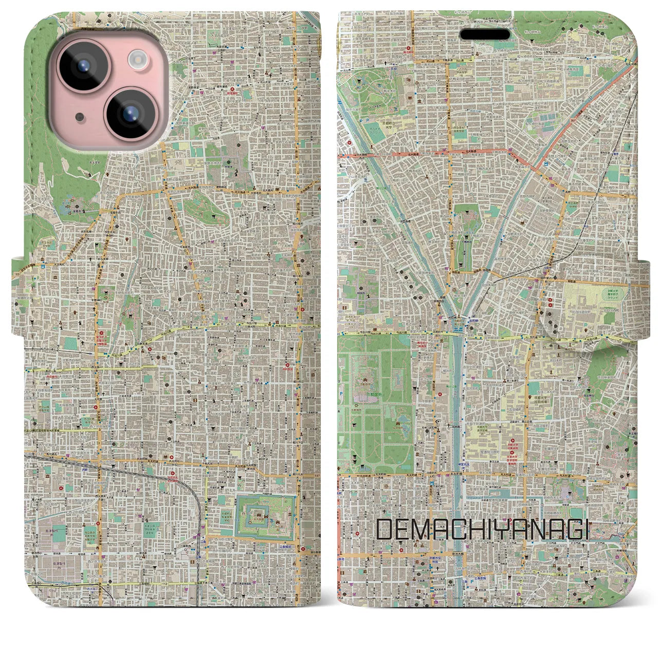 【出町柳(京都府)】地図柄iPhoneケース(手帳タイプ)ナチュラル・iPhone 15 Plus 用