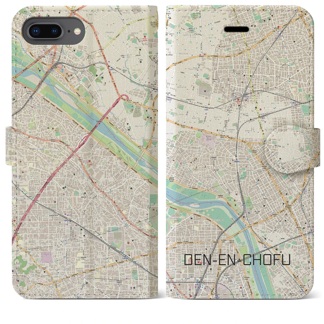 【田園調布(東京都)】地図柄iPhoneケース(手帳タイプ)ナチュラル・iPhone 8Plus /7Plus / 6sPlus / 6Plus 用