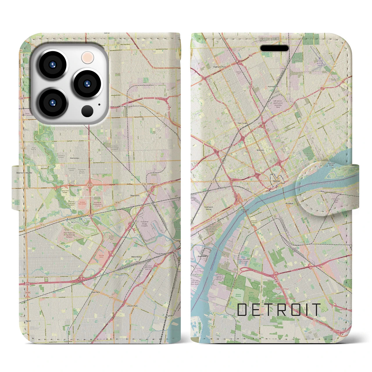 【デトロイト(アメリカ)】地図柄iPhoneケース(手帳タイプ)ナチュラル・iPhone 13 Pro 用