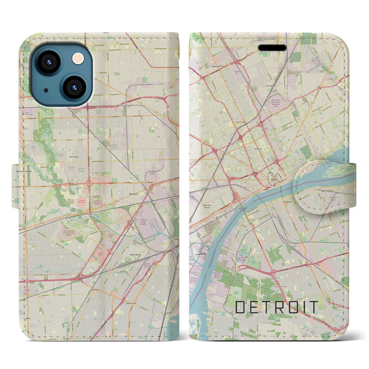 【デトロイト(アメリカ)】地図柄iPhoneケース(手帳タイプ)ナチュラル・iPhone 13 用