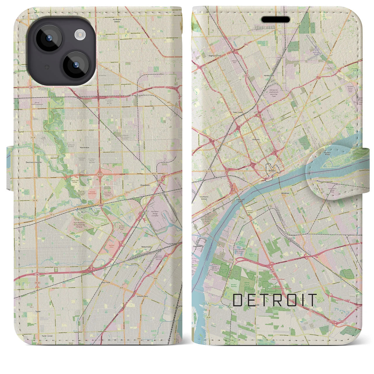 【デトロイト(アメリカ)】地図柄iPhoneケース(手帳タイプ)ナチュラル・iPhone 14 Plus 用