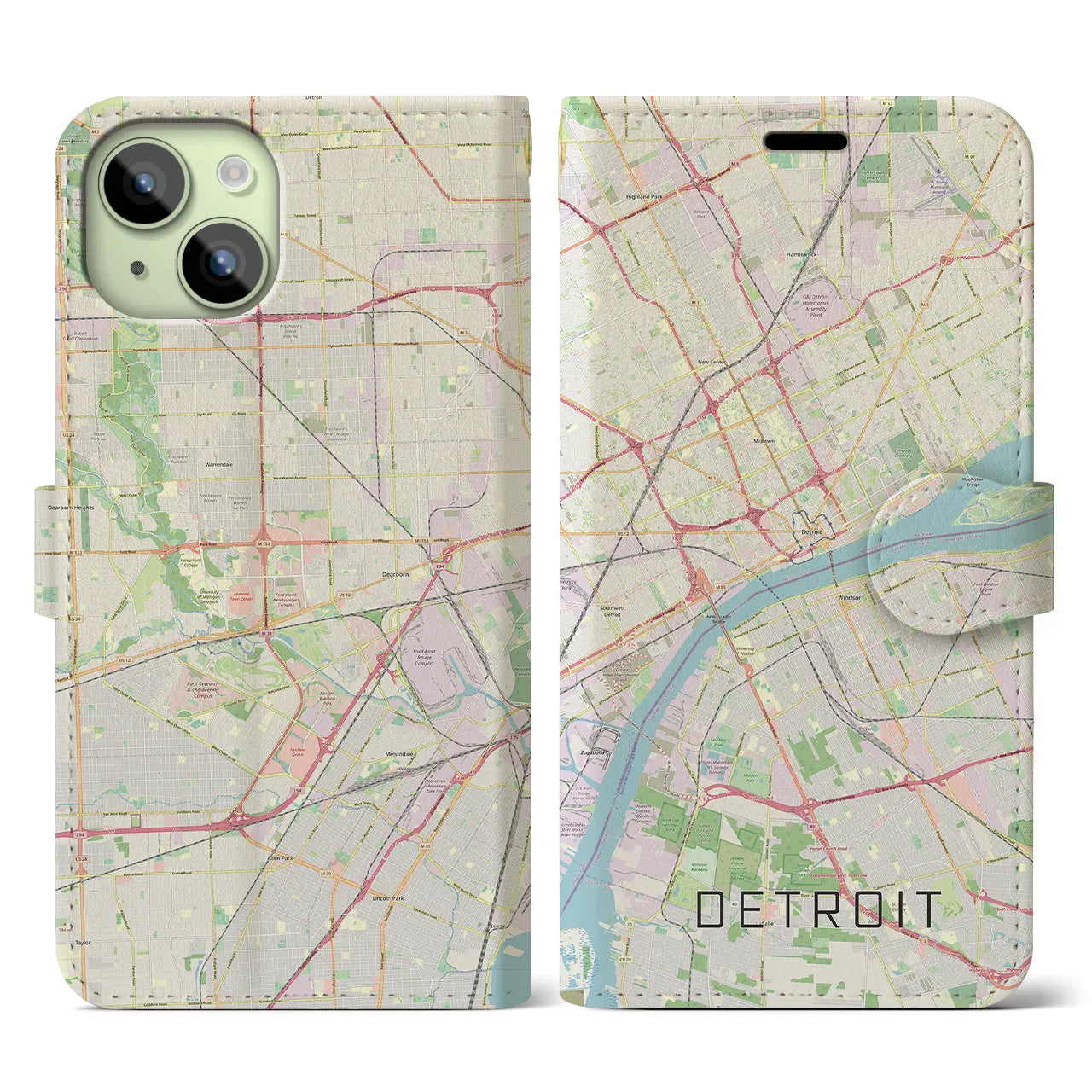 【デトロイト(アメリカ)】地図柄iPhoneケース(手帳タイプ)ナチュラル・iPhone 15 用