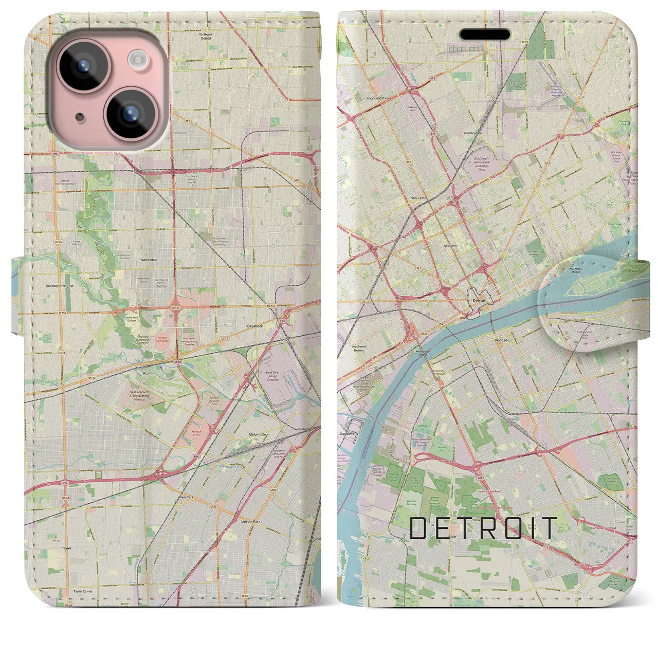【デトロイト(アメリカ)】地図柄iPhoneケース(手帳タイプ)ナチュラル・iPhone 15 Plus 用