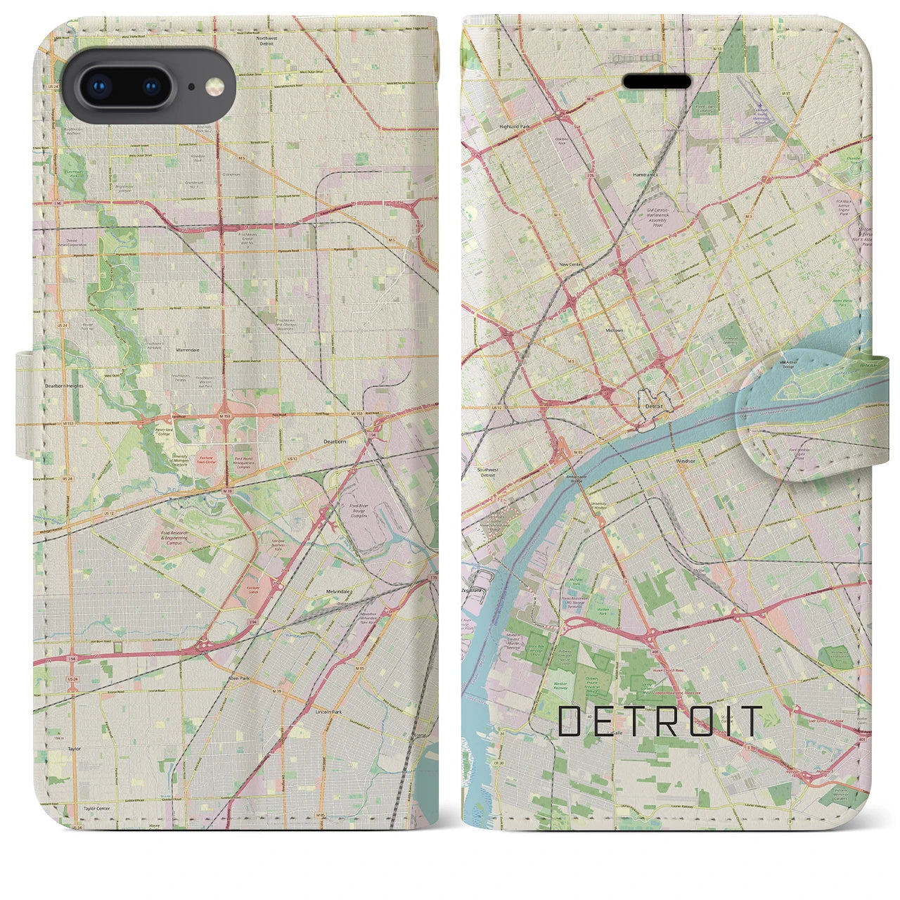 【デトロイト(アメリカ)】地図柄iPhoneケース(手帳タイプ)ナチュラル・iPhone 8Plus /7Plus / 6sPlus / 6Plus 用