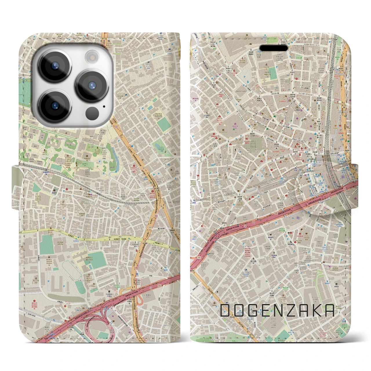【道玄坂(東京都)】地図柄iPhoneケース(手帳タイプ)ナチュラル・iPhone 14 Pro 用
