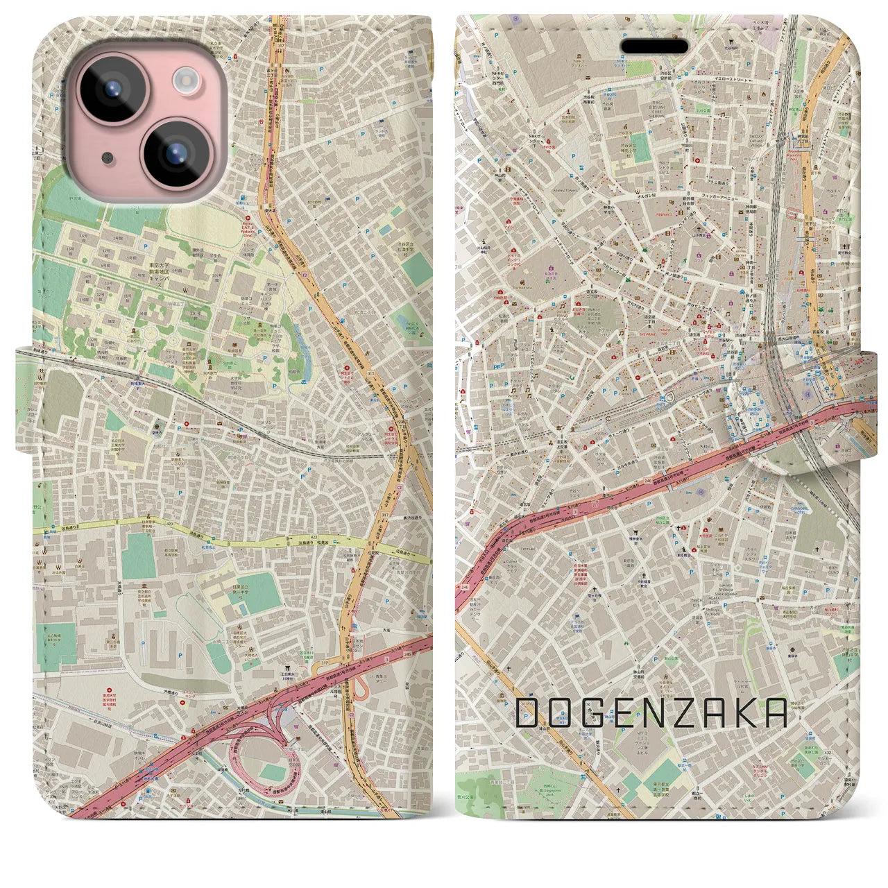 【道玄坂(東京都)】地図柄iPhoneケース(手帳タイプ)ナチュラル・iPhone 15 Plus 用