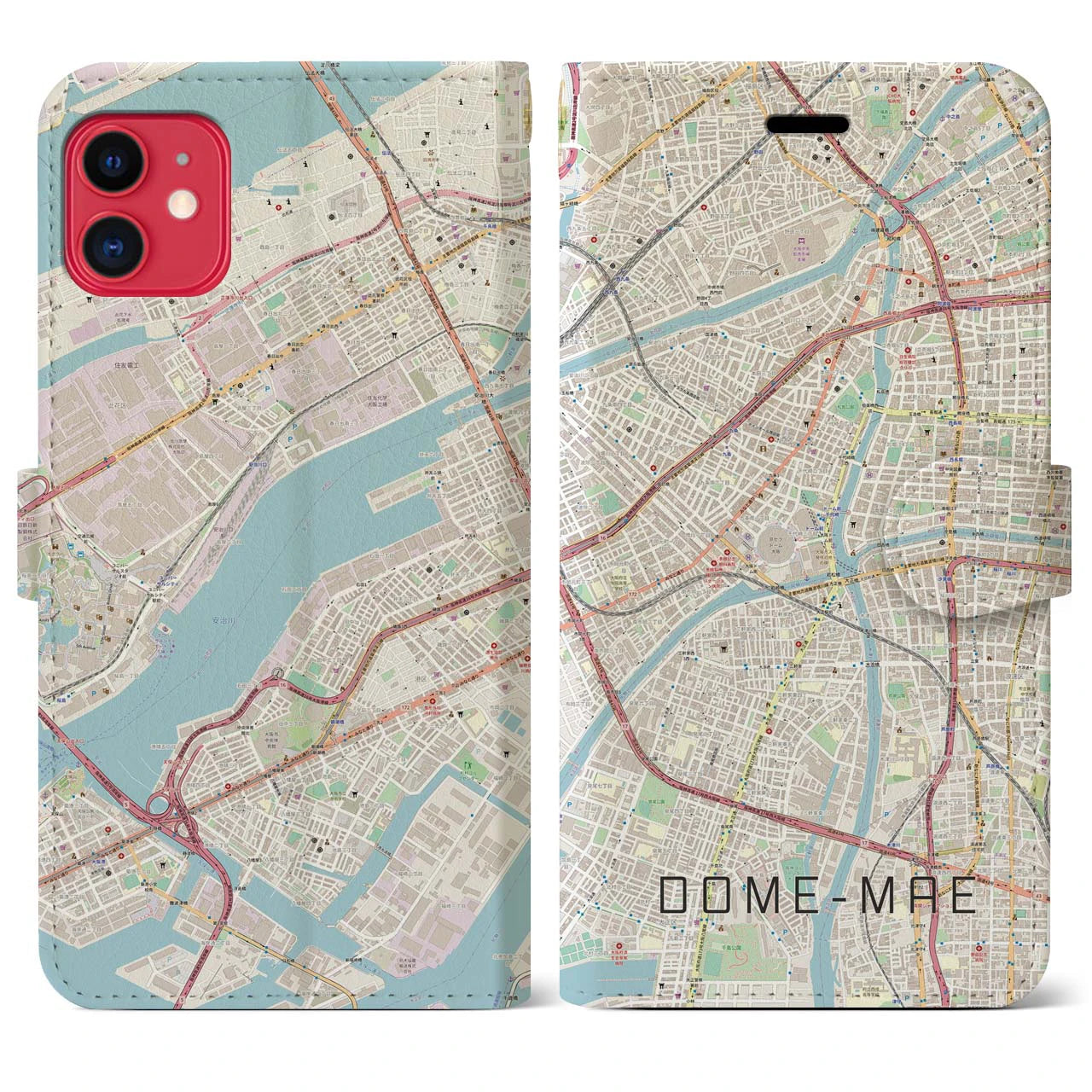 【ドーム前(大阪府)】地図柄iPhoneケース(手帳タイプ)ナチュラル・iPhone 11 用