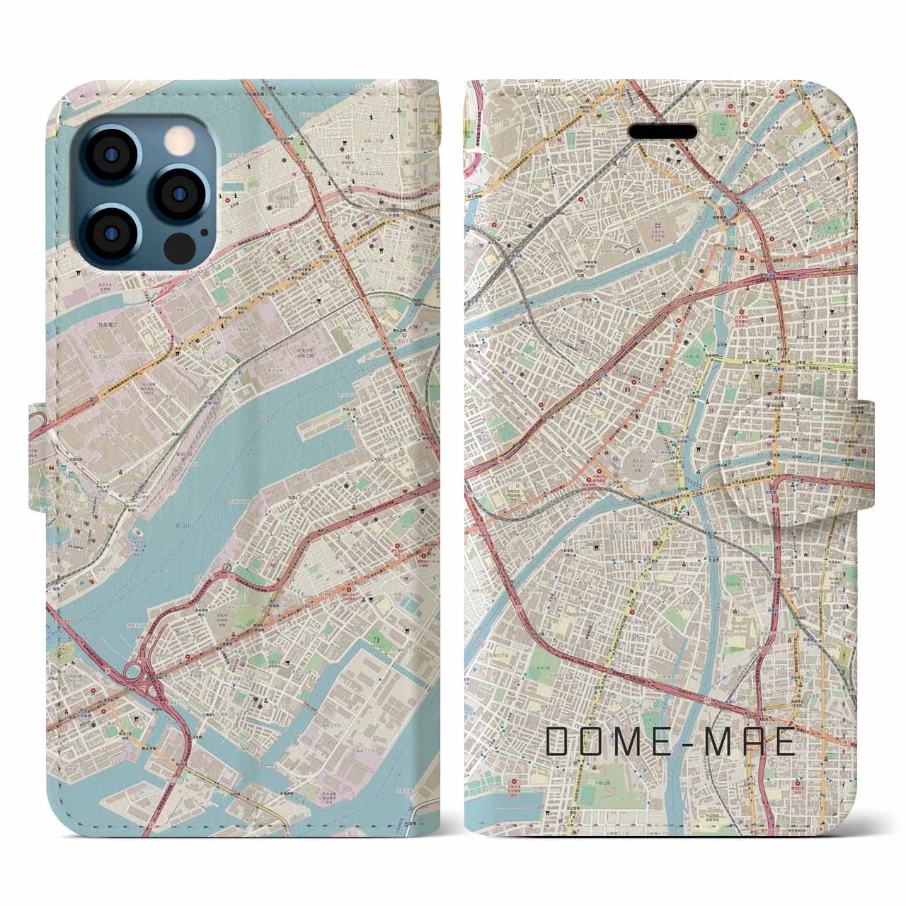 【ドーム前(大阪府)】地図柄iPhoneケース(手帳タイプ)ナチュラル・iPhone 12 / 12 Pro 用