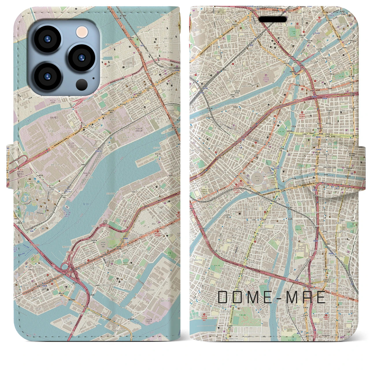 【ドーム前(大阪府)】地図柄iPhoneケース(手帳タイプ)ナチュラル・iPhone 13 Pro Max 用