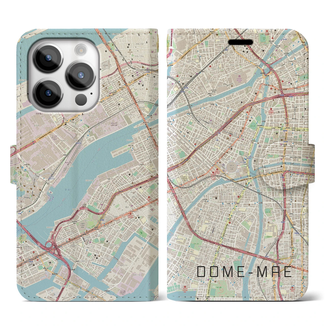 【ドーム前(大阪府)】地図柄iPhoneケース(手帳タイプ)ナチュラル・iPhone 14 Pro 用