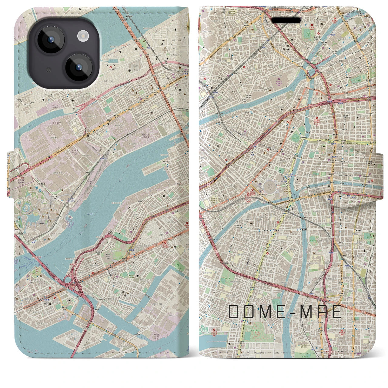 【ドーム前(大阪府)】地図柄iPhoneケース(手帳タイプ)ナチュラル・iPhone 14 Plus 用
