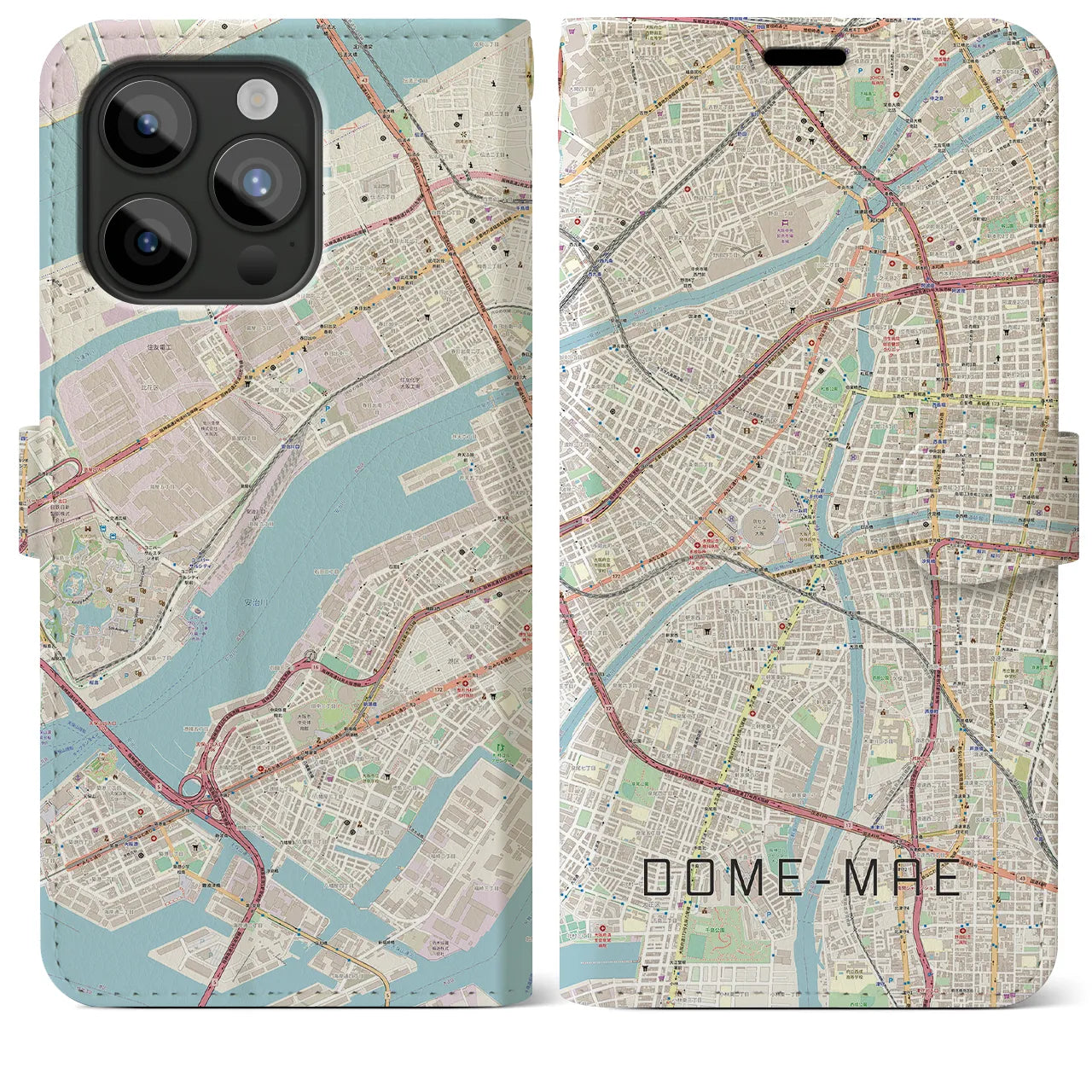 【ドーム前(大阪府)】地図柄iPhoneケース(手帳タイプ)ナチュラル・iPhone 15 Pro Max 用