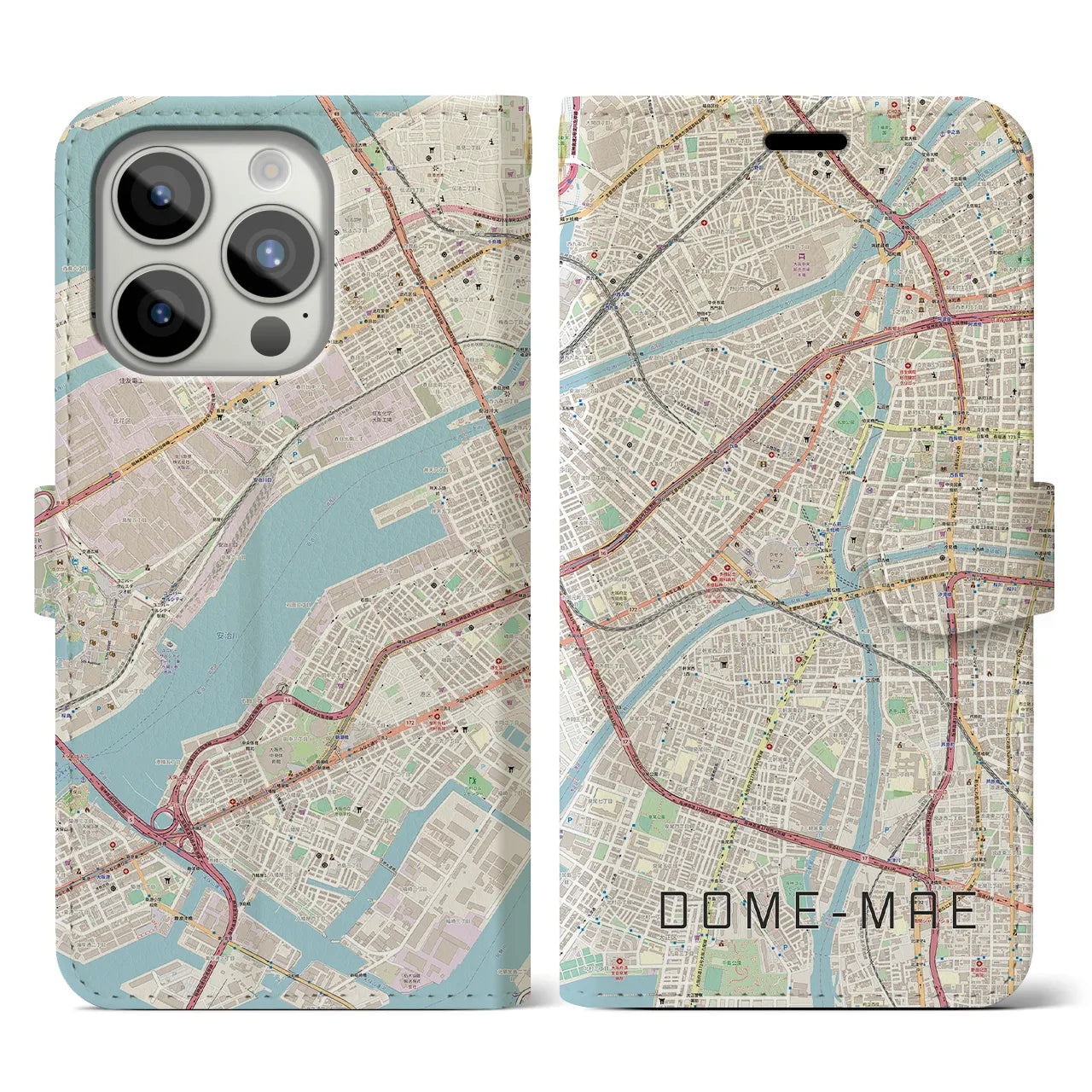 【ドーム前(大阪府)】地図柄iPhoneケース(手帳タイプ)ナチュラル・iPhone 15 Pro 用
