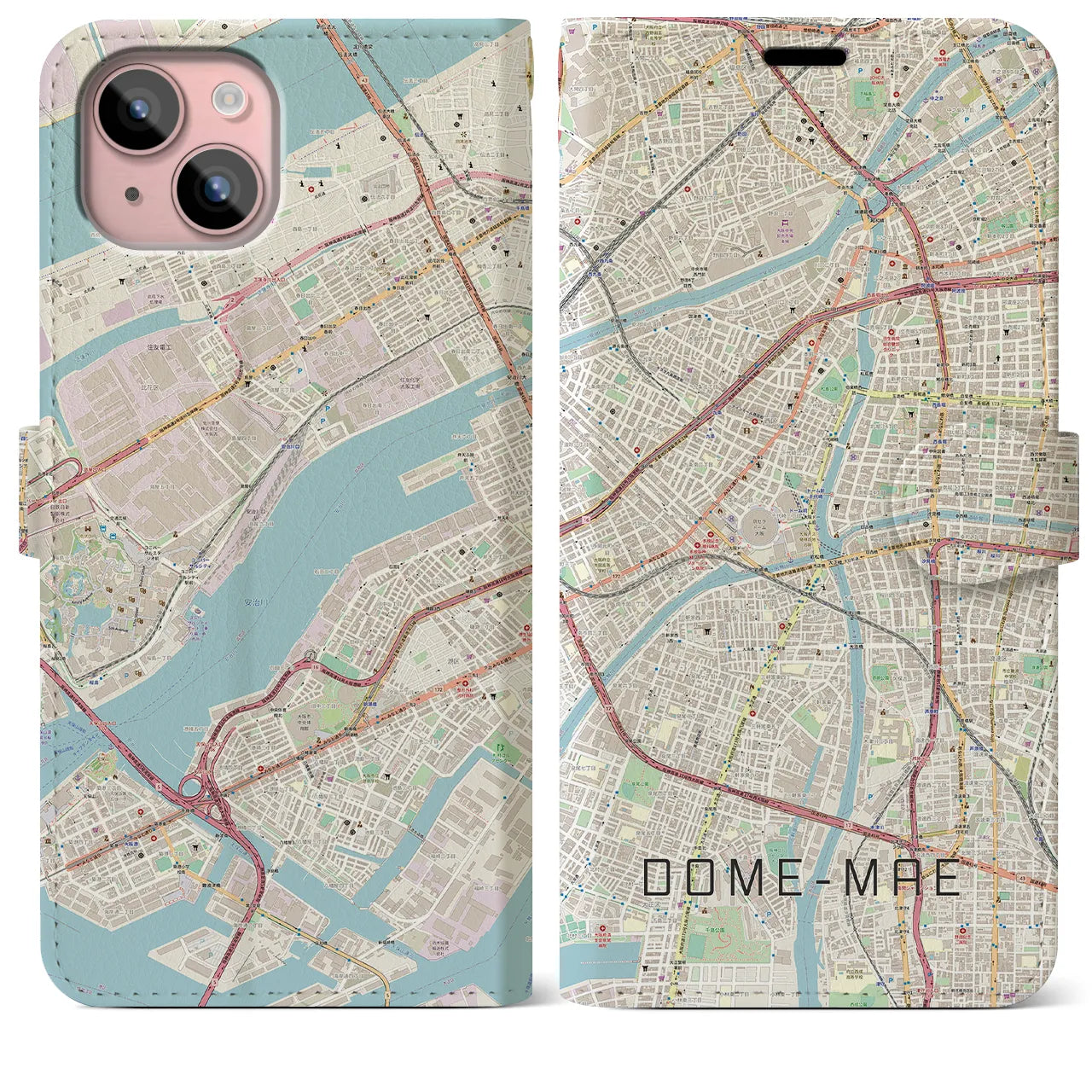 【ドーム前(大阪府)】地図柄iPhoneケース(手帳タイプ)ナチュラル・iPhone 15 Plus 用
