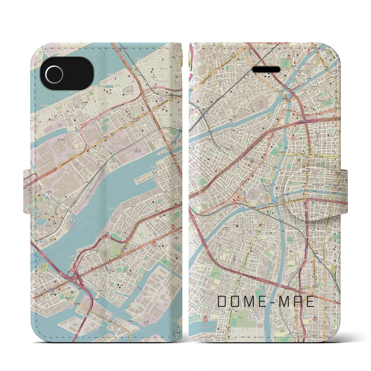 【ドーム前(大阪府)】地図柄iPhoneケース(手帳タイプ)ナチュラル・iPhone SE(第3 / 第2世代) / 8 / 7 / 6s / 6 用