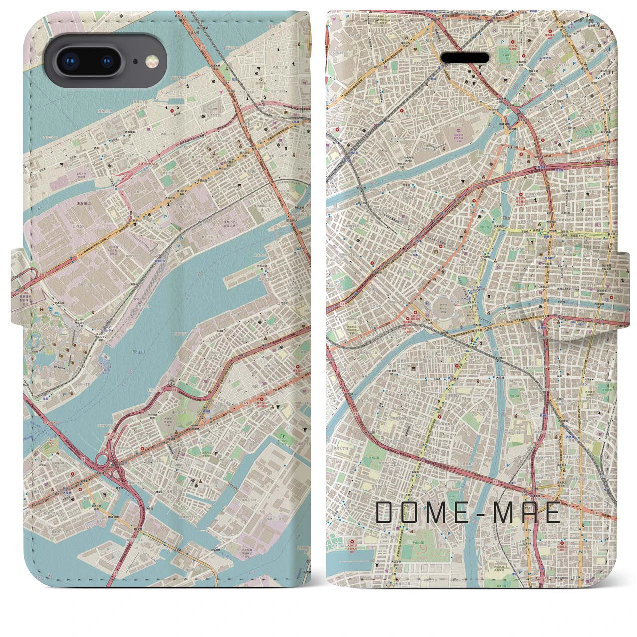 【ドーム前(大阪府)】地図柄iPhoneケース(手帳タイプ)ナチュラル・iPhone 8Plus /7Plus / 6sPlus / 6Plus 用