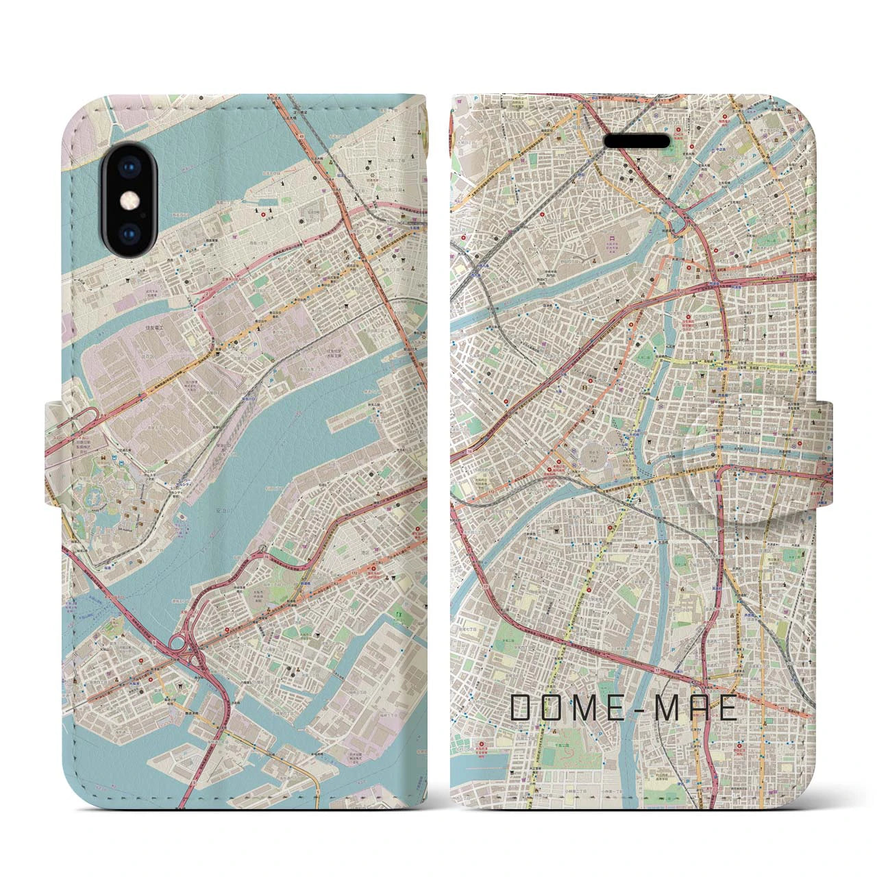【ドーム前(大阪府)】地図柄iPhoneケース(手帳タイプ)ナチュラル・iPhone XS / X 用